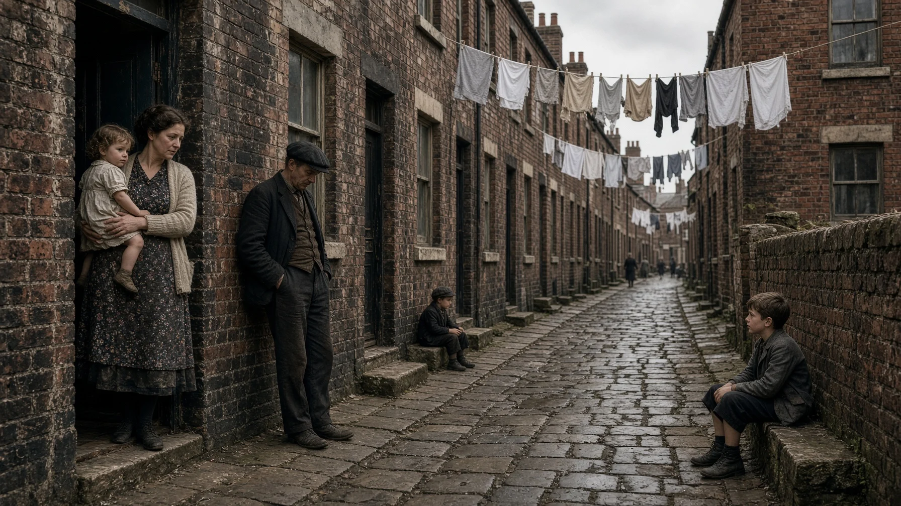 1930年代のイギリスの労働者街で、古いれんが造りの家が並ぶ路地に洗濯物が干され、戸口の母親と子ども、壁にもたれる仕事のない男性、敷居に座るやせた子どもが見える様子