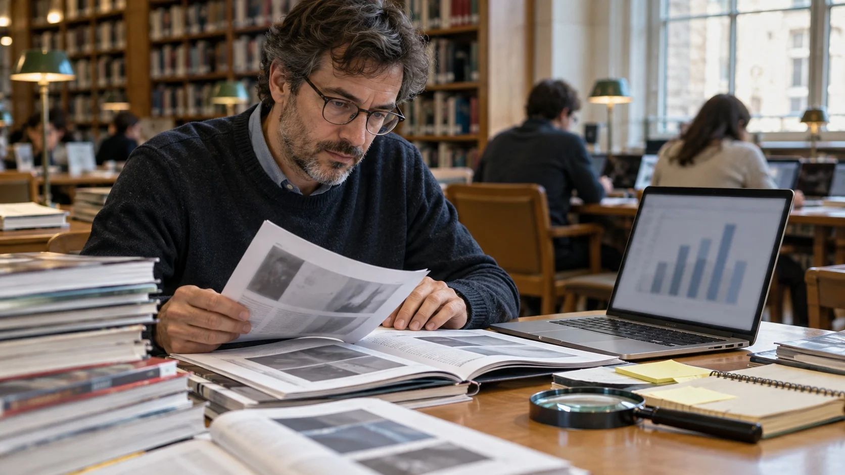 図書館の机で研究者が学術誌の山と棒グラフを映したノートパソコンを見比べながら資料を照らし合わせ、そばに虫眼鏡とメモ用紙が置かれている様子