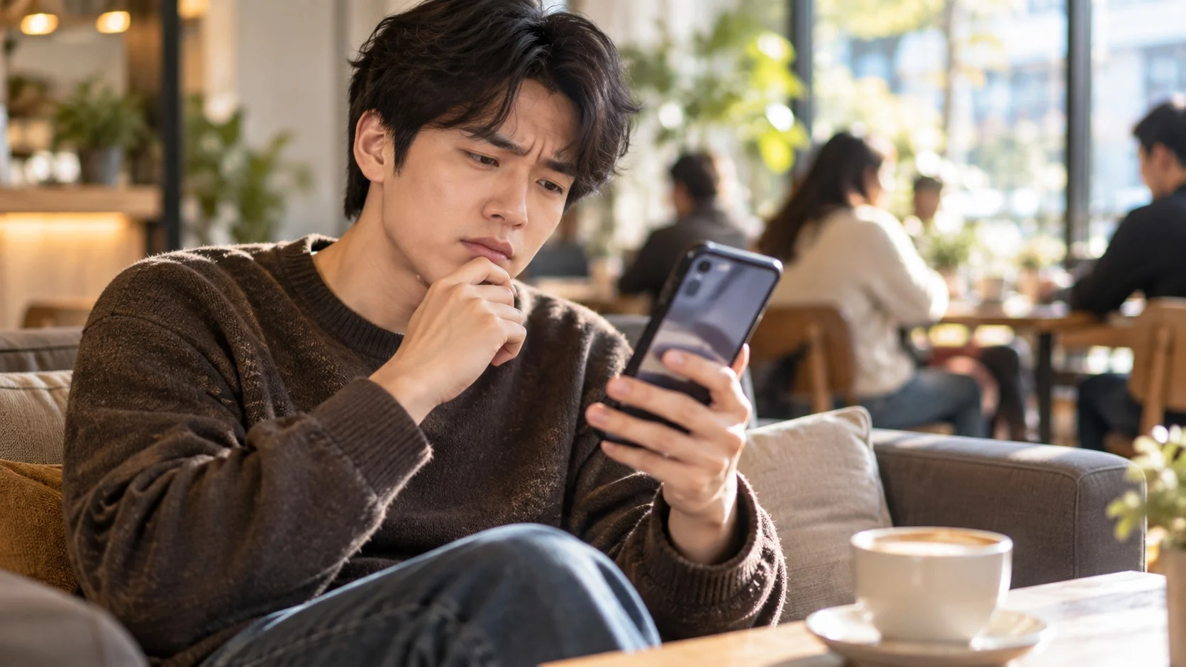 カフェのソファに座った若い人が頬杖をつきながらスマートフォンでニュースを読み、じっくり考え込むような表情を浮かべ、テーブルにコーヒーが置かれている様子