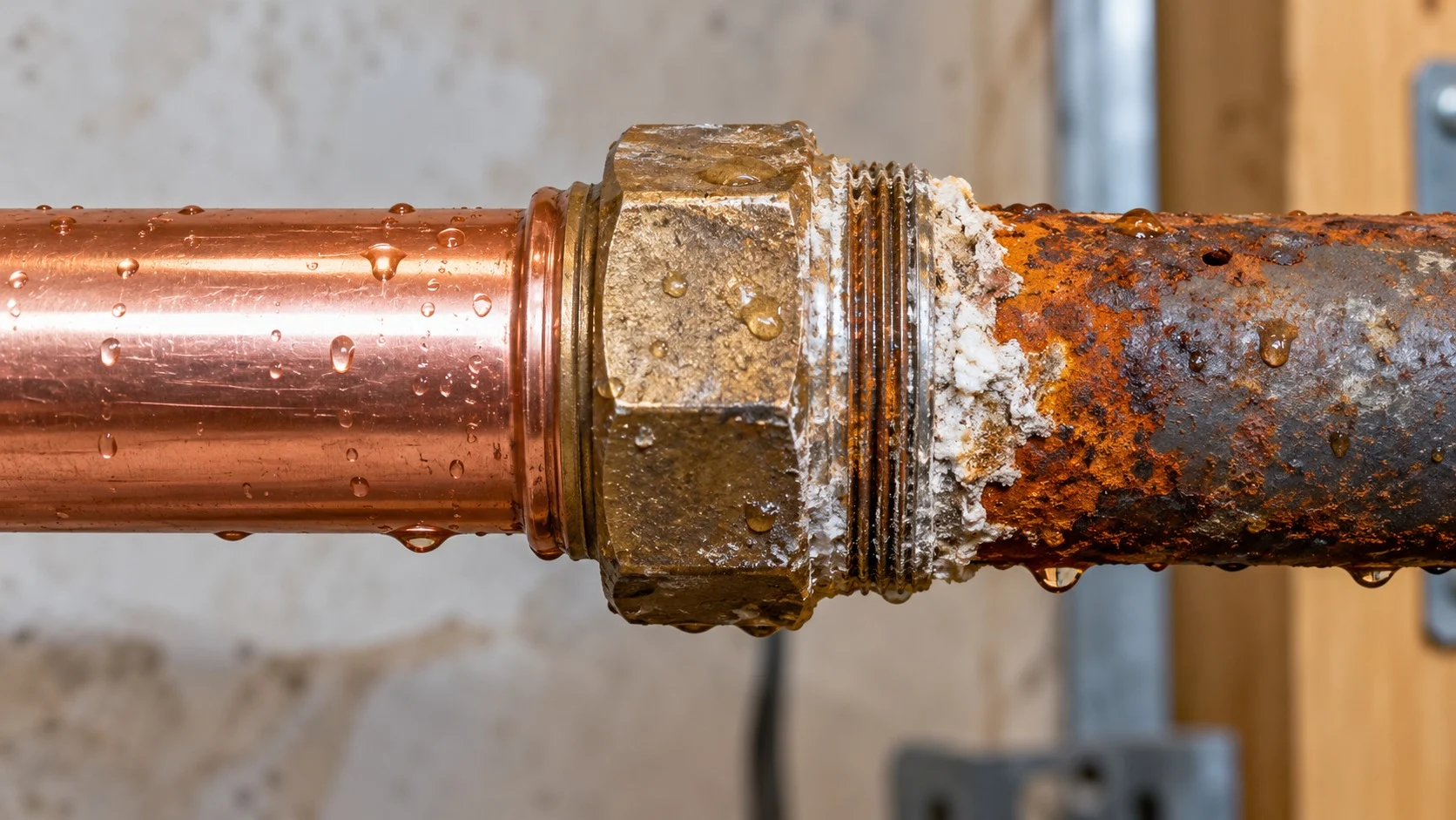 A shiny copper pipe joined directly to a rusty iron pipe by a fitting, with orange rust and white deposits forming only on the iron side around the joint