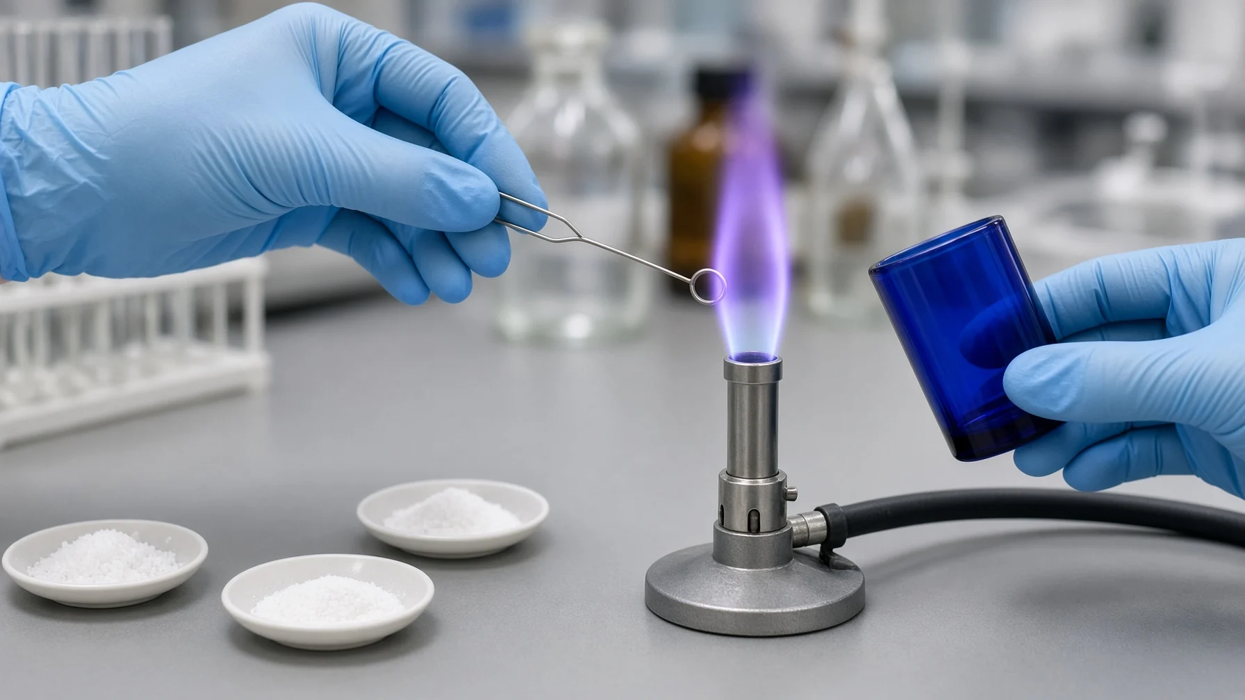 A gloved hand holds a metal-wire loop in the outer Bunsen flame, producing a pale violet color, with cobalt-blue glass and a white sample dish nearby