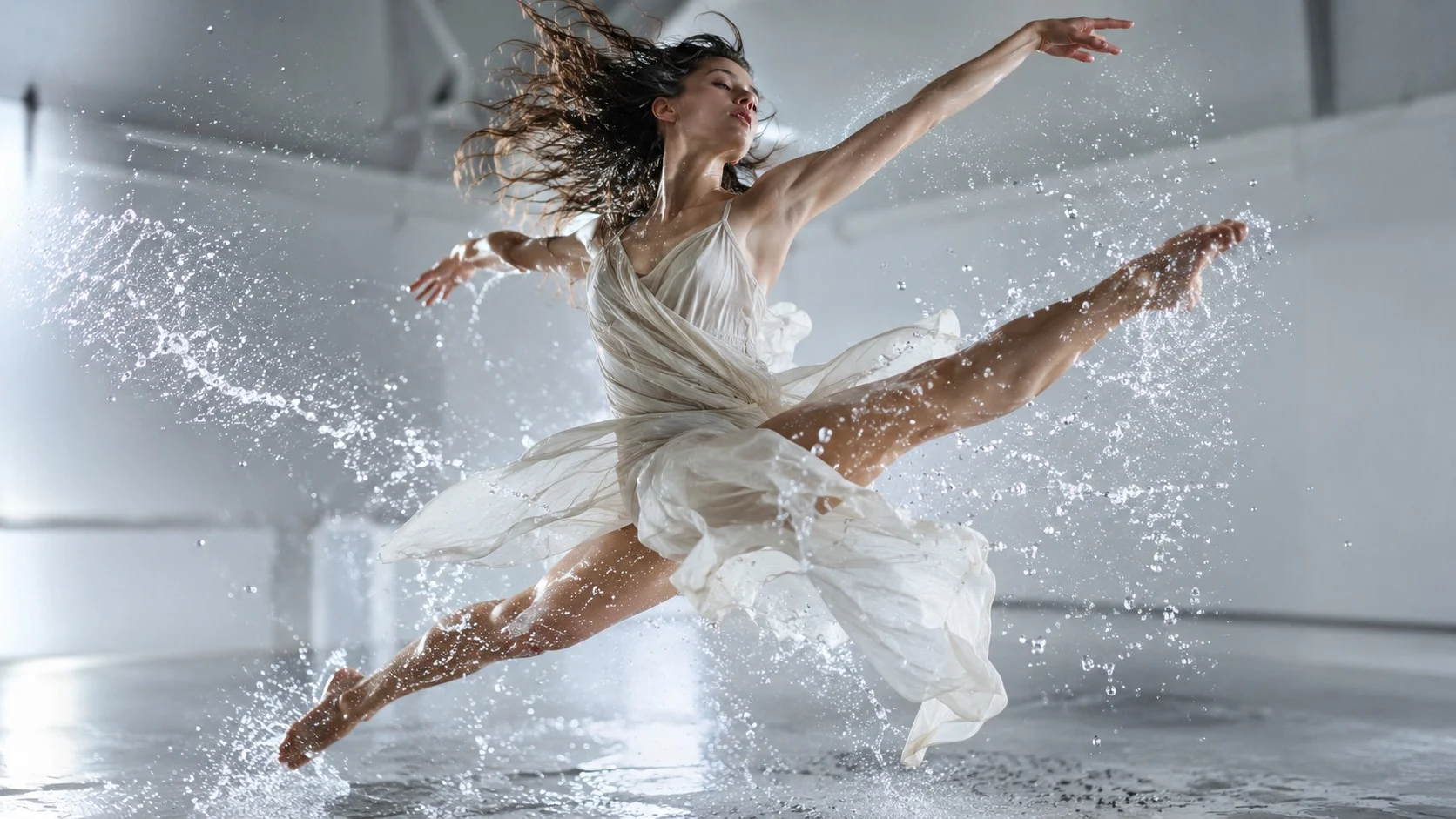 Trong một studio chụp ảnh sáng sủa, vũ công bật nhảy lên không trung cùng những giọt nước quanh cô đứng yên bất động, còn hậu cảnh nhòe mềm như thể máy quay đang xoay quanh