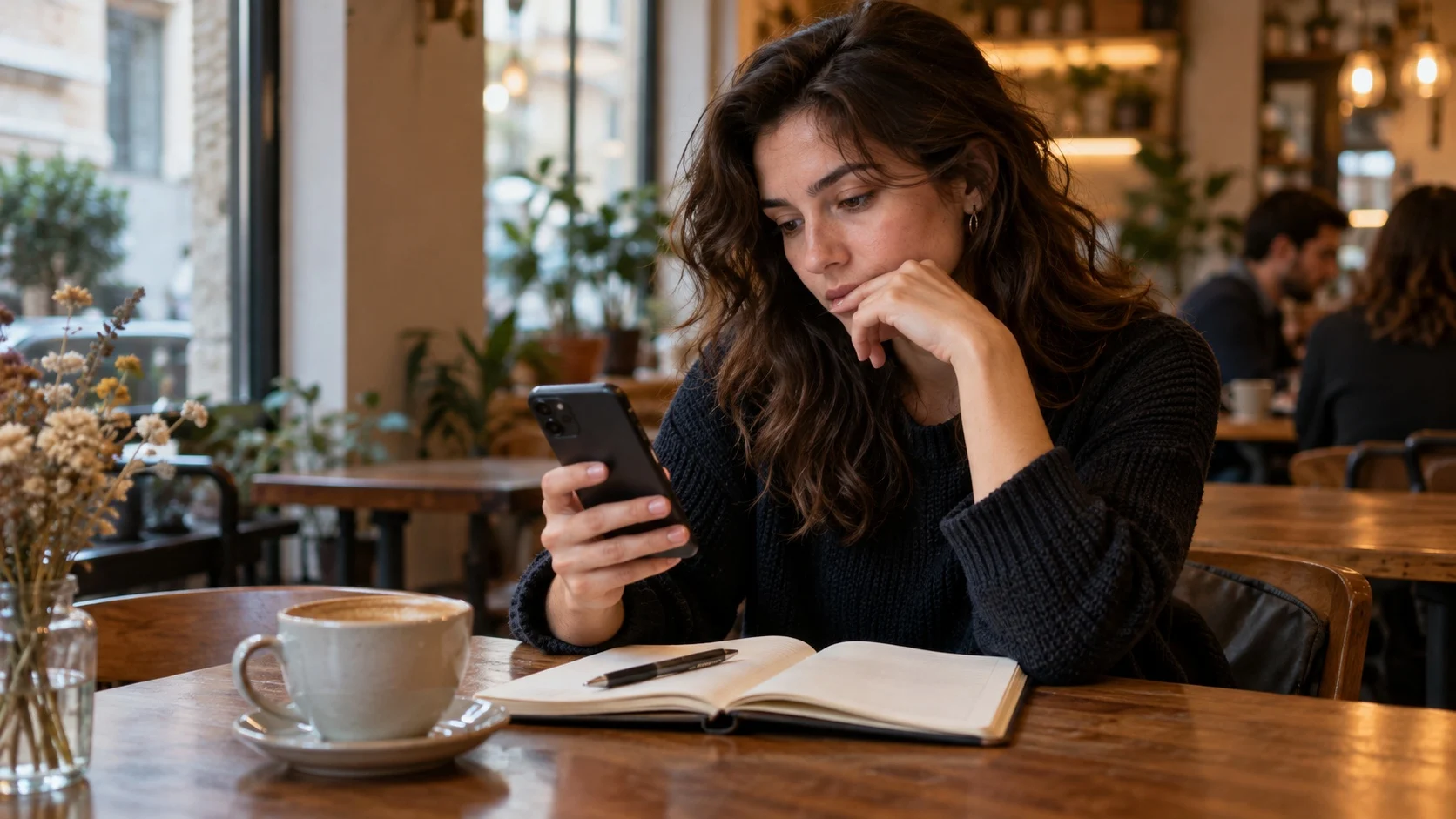カフェのテーブルに座った女性が、スマートフォンで何かを共有する前に指を止め、慎重に考えている様子