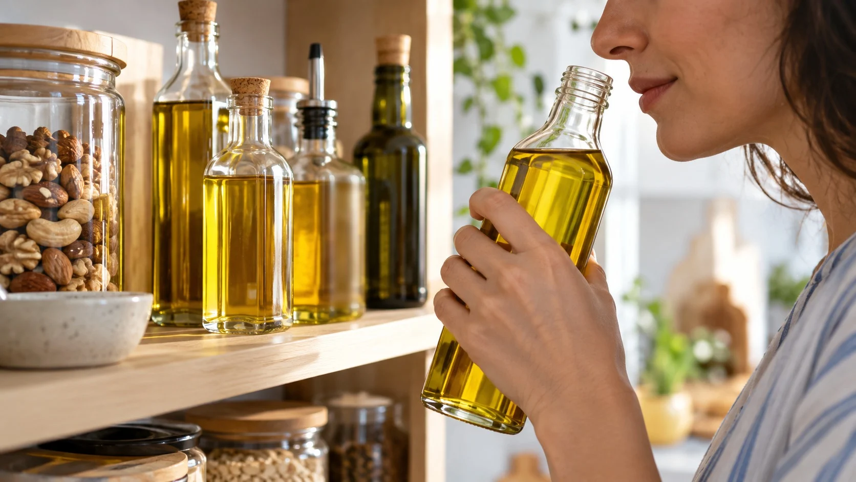 A bright kitchen cupboard holding cooking oil bottles and nut jars, with a person holding an open oil bottle close to their nose to smell it