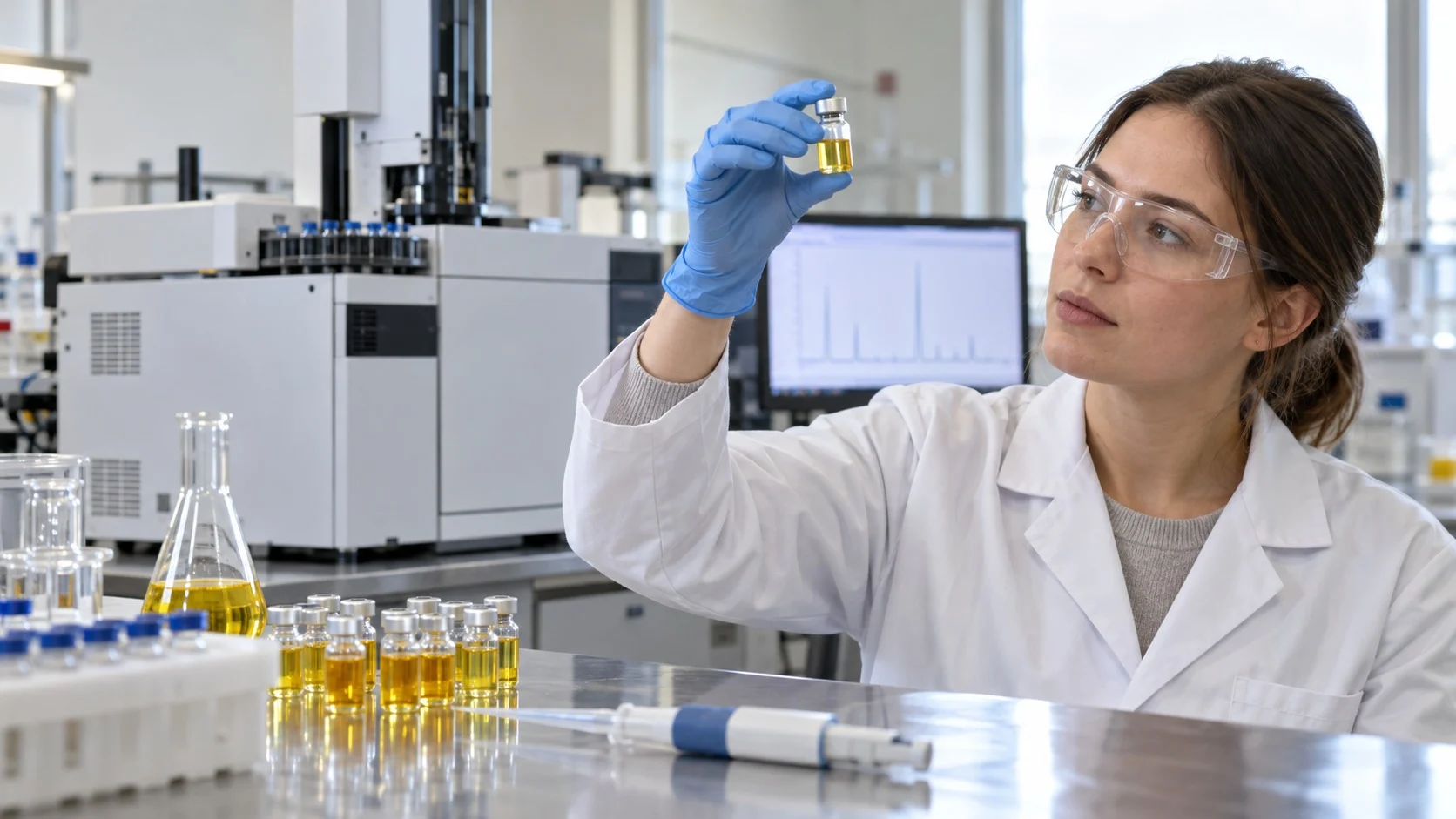 A researcher in a lab coat and gloves in a bright food laboratory, holding a small glass bottle of yellow oil up to the light to examine it