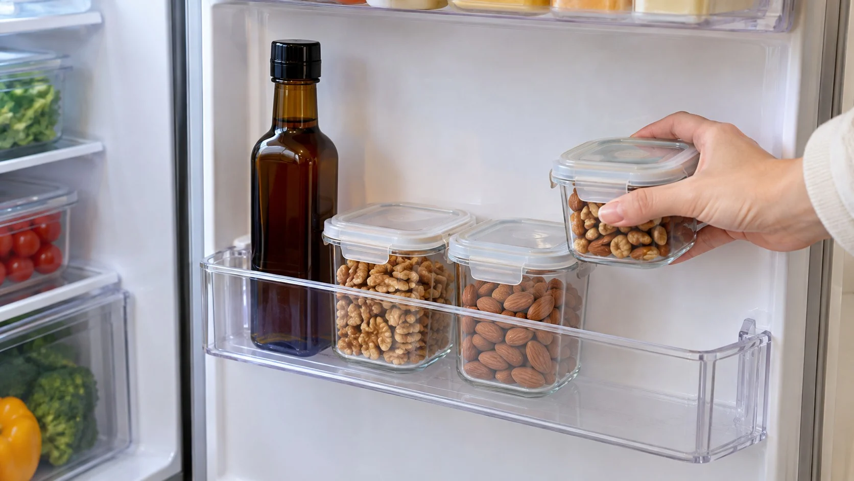 A refrigerator door shelf holding a dark brown glass oil bottle and an airtight container of walnuts and almonds, with a hand putting in another airtight container
