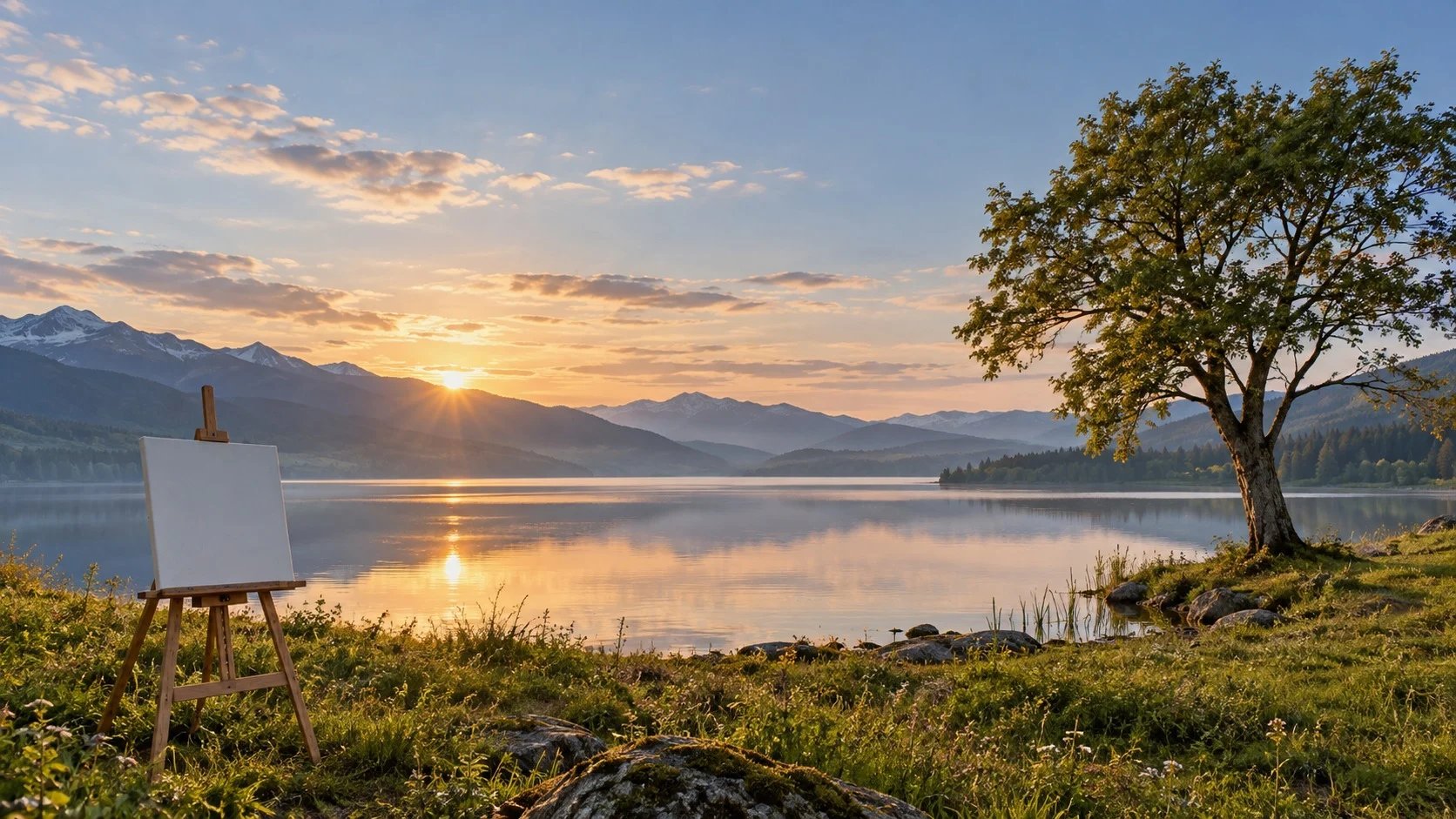 An easel holding a blank canvas set in front of a landscape with a calm lake and a tree standing to one side, with the horizon sitting about one third of the way up from the bottom of the frame