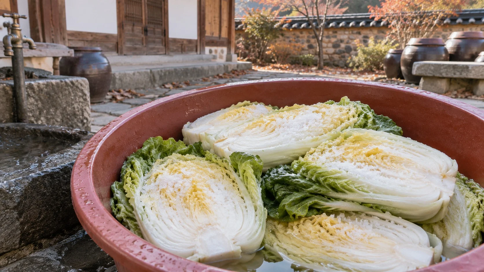 늦가을 밝은 햇빛 아래 큰 대야에 굵은 소금을 뿌려 절인 배추가 쌓여 있고 바닥에 물이 고인 모습