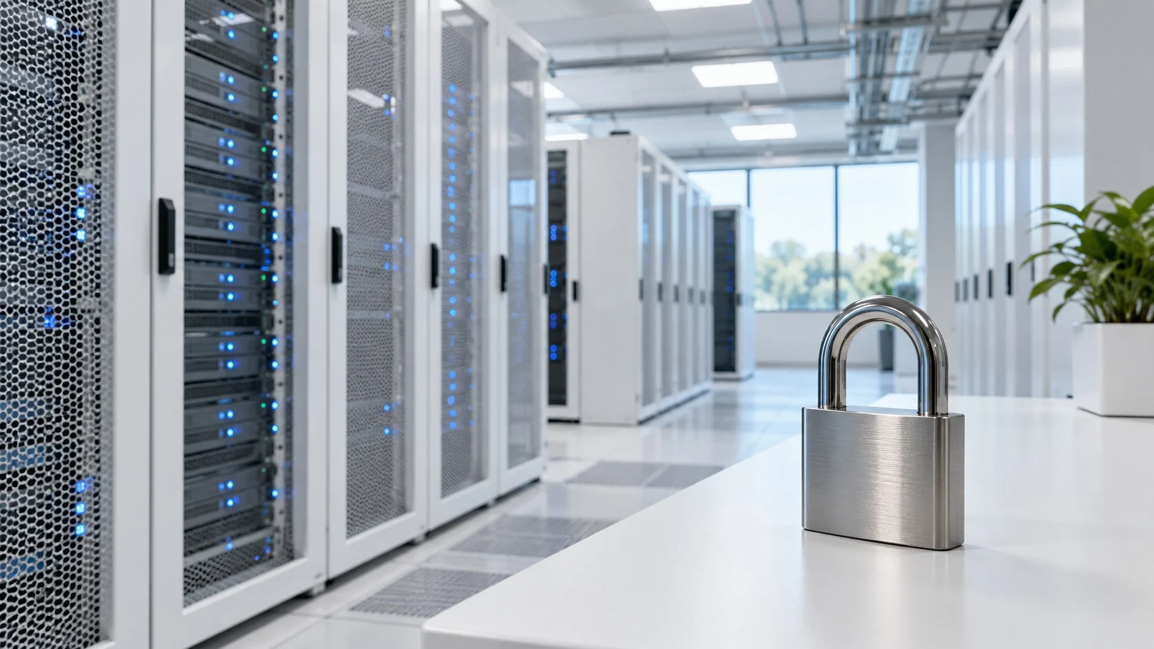 밝고 깔끔한 서버실의 흰색 서버 랙과 앞쪽 책상 위에 놓인 금속 자물쇠