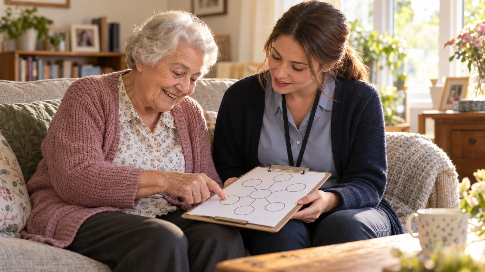 An older adult and a young social worker sitting side by side on a cozy sofa at home, looking together at a drawing of circles and lines as the older adult points to one circle