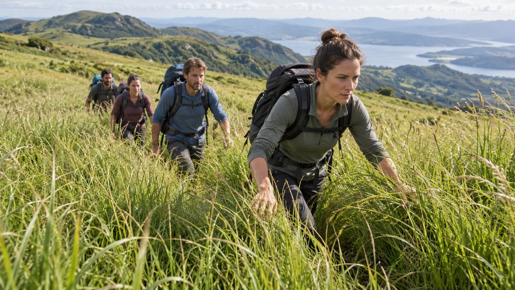 A hiker pushing through tall grass for the first time, while others behind walk easily along the already trampled path