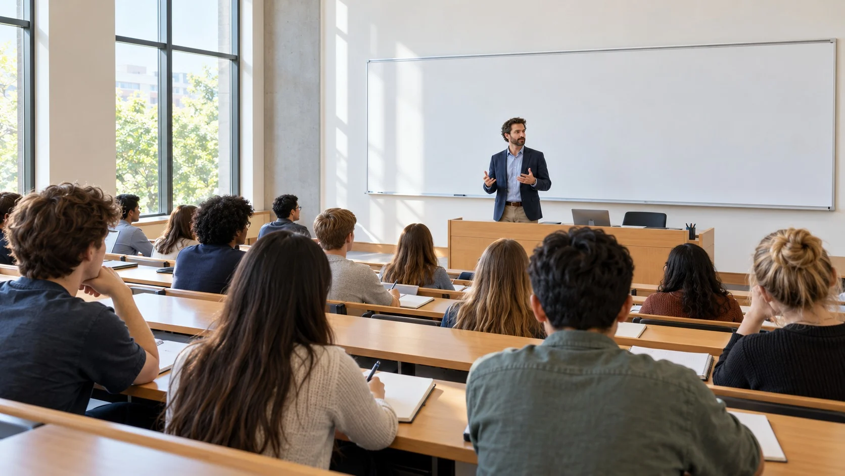 A view from the back of a sunlit university lecture hall, with students who have their notebooks open and a professor standing beside a blank whiteboard