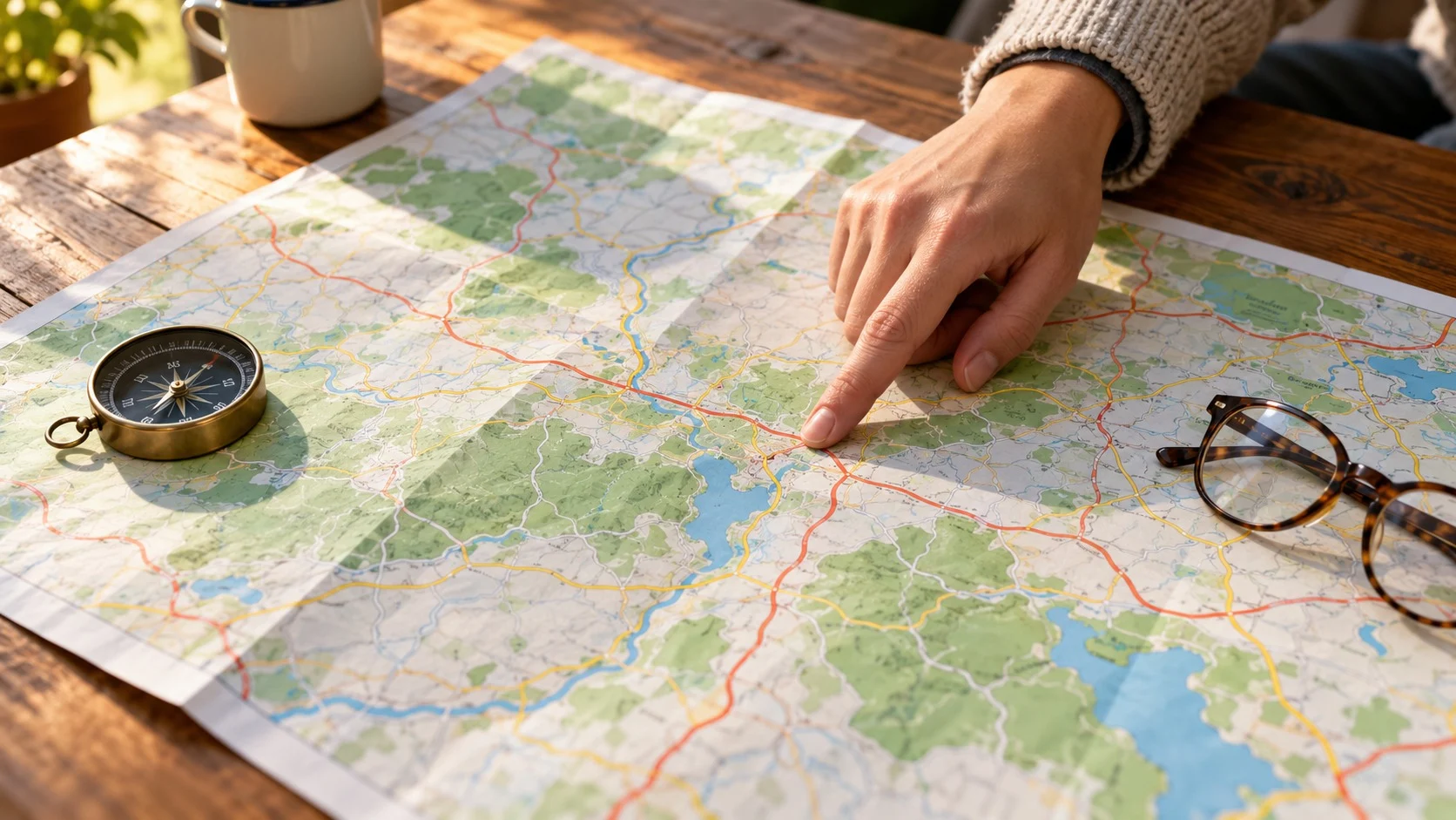 A large paper map spread out on a wooden table with a compass and a pair of glasses, and a hand pointing at the map