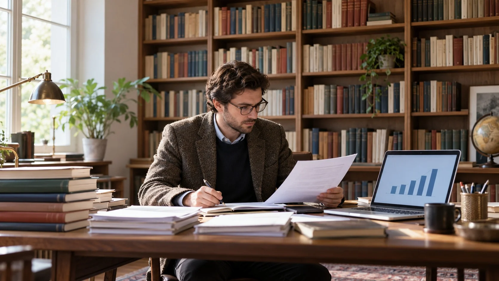 A research space with a stack of papers and a laptop showing a bar chart on a desk in front of library shelves lined with plain-spined books