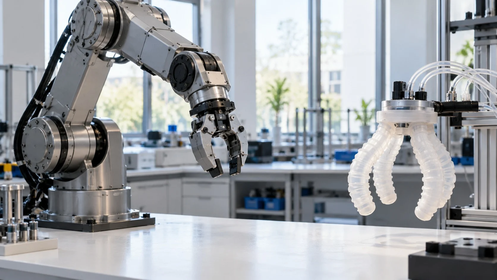 Trên bàn làm việc trong một phòng thí nghiệm robot sáng sủa, bên trái là cánh tay robot công nghiệp bằng kim loại màu xám, bên phải là bàn tay robot mềm có thể uốn cong làm bằng silicone trong mờ, đặt cạnh nhau