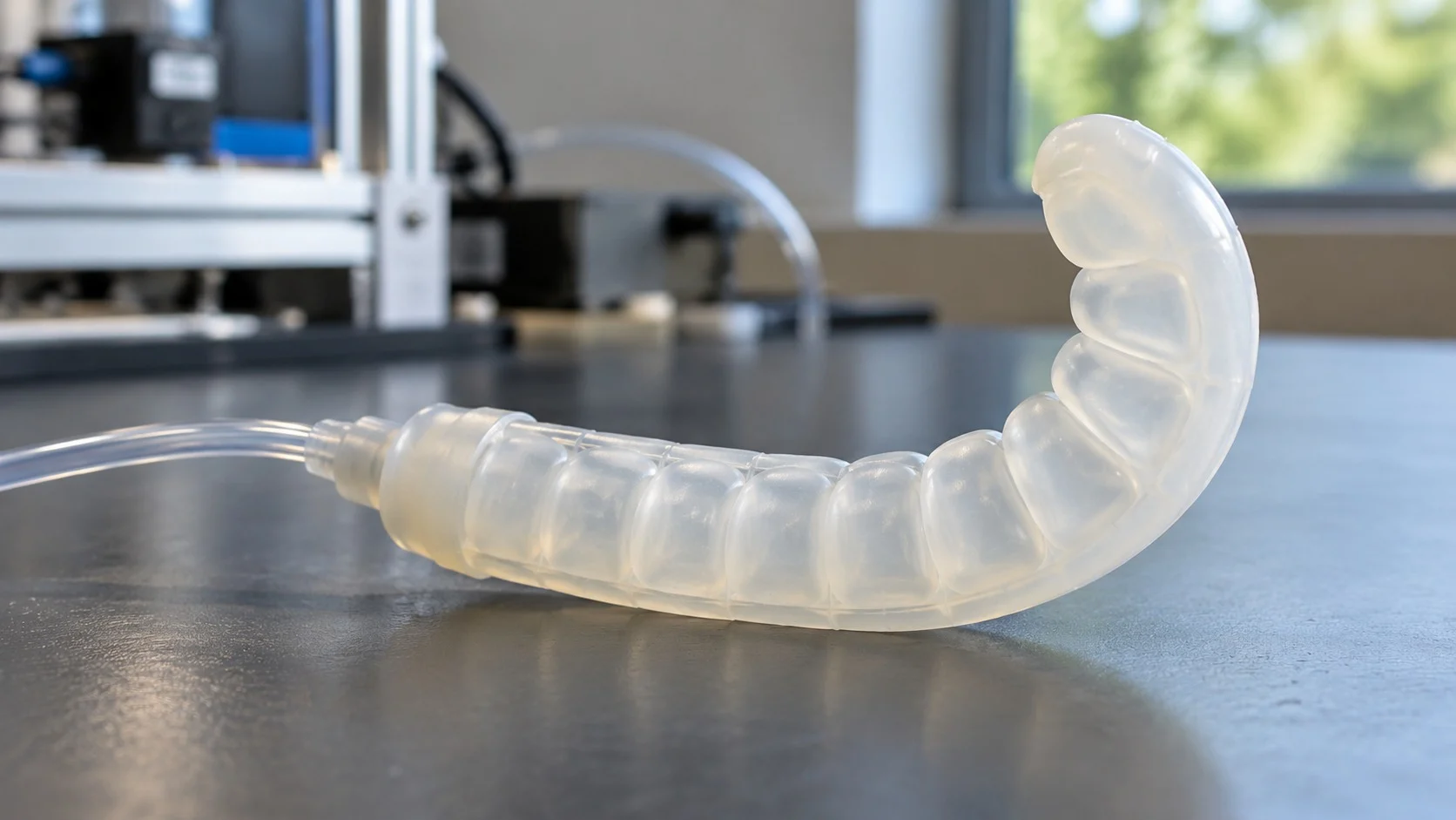 Ảnh chụp cận cảnh một bộ truyền động silicone hình ngón tay có một dãy buồng khí nhỏ, phồng lên và cong tròn lại khi nhận khí qua một ống nhỏ trong suốt