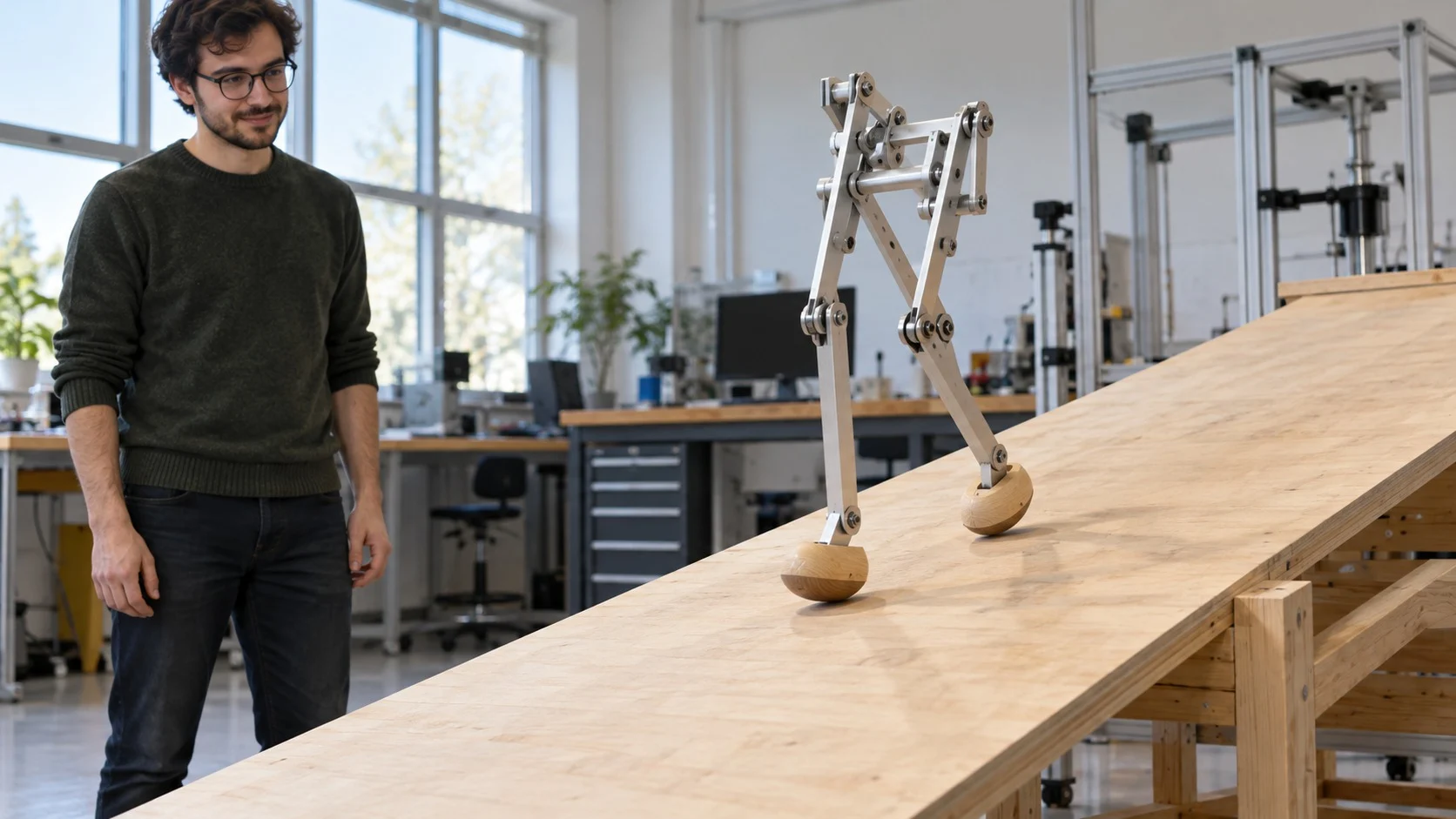 In a bright university lab, a motorless two-legged machine made of aluminum rods and rounded wooden feet walks down a gentle wooden slope as a researcher watches from the side