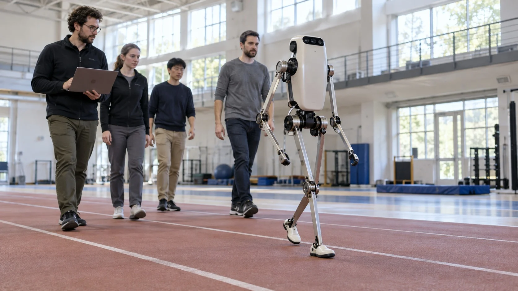 A lightweight two-legged research robot with thin legs and small rounded feet walks on a track in a large, bright indoor gym as researchers follow behind