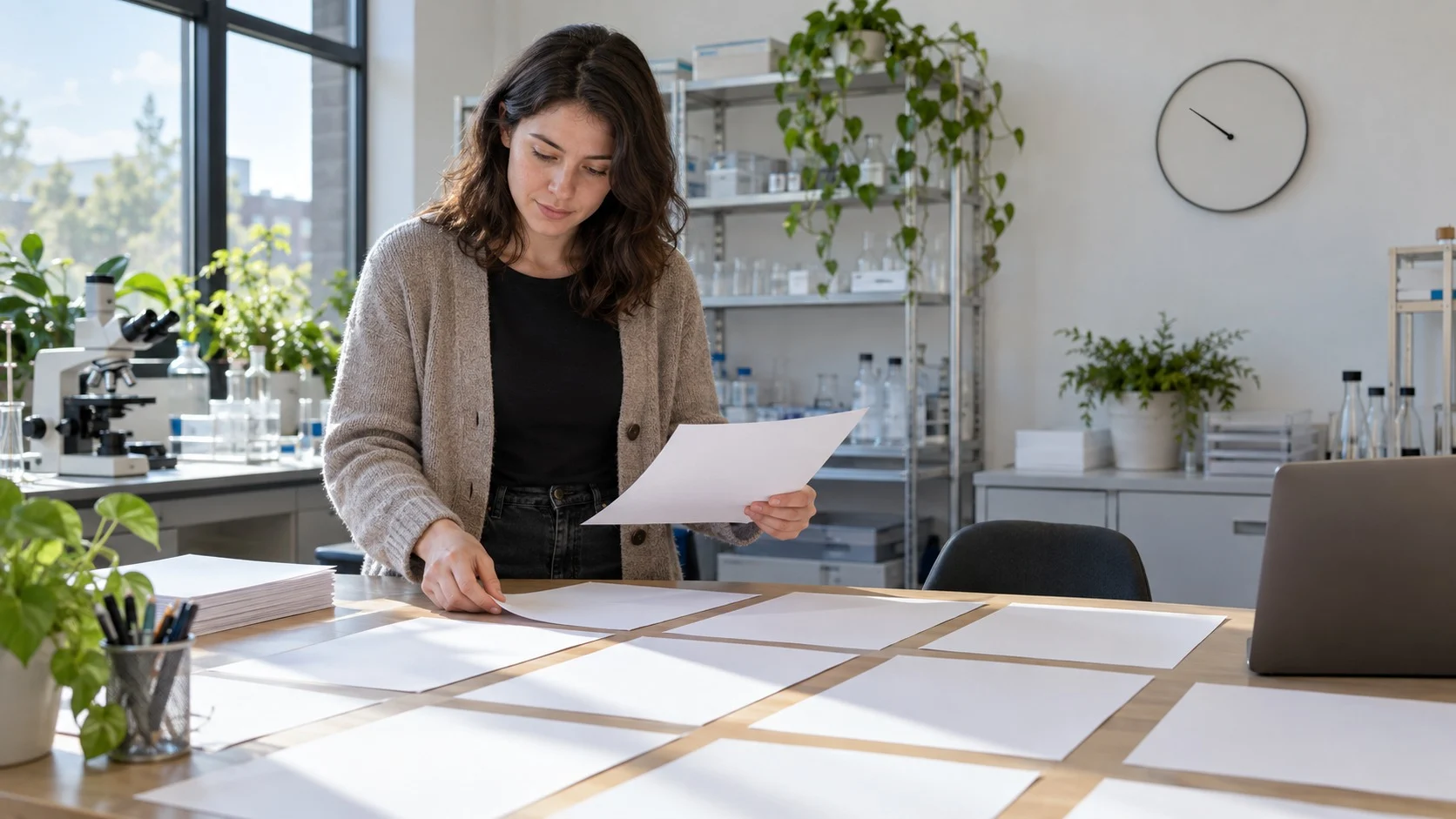 Questionnaires spread across a long table in a university laboratory, with a researcher looking over them beside a wall clock