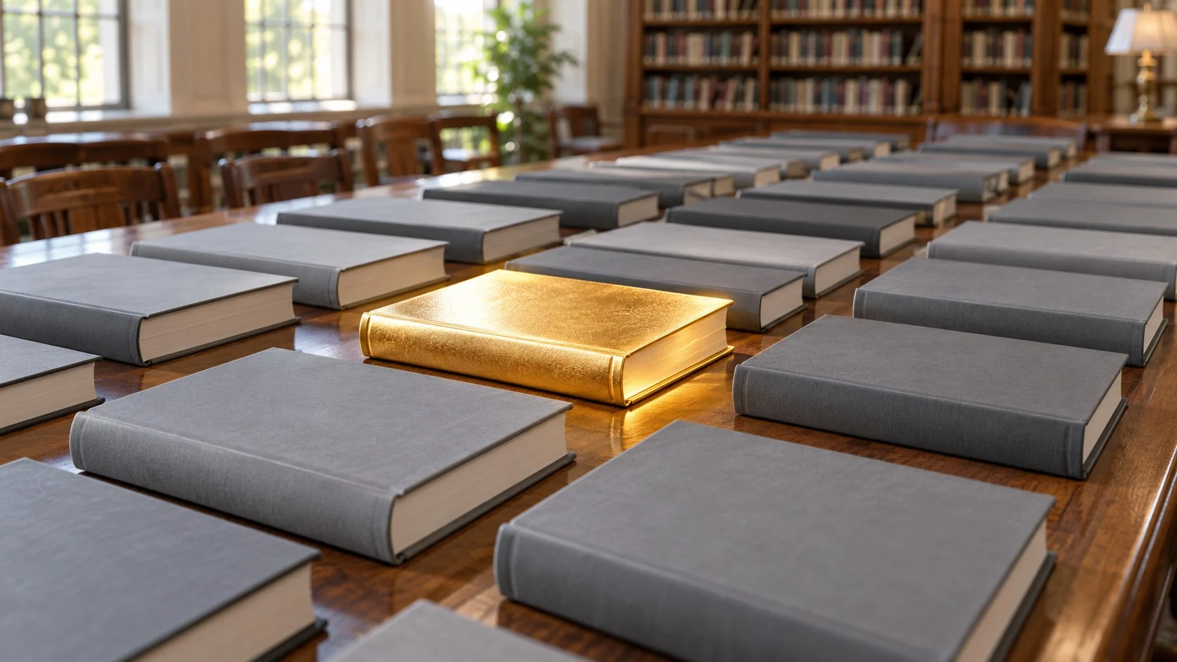 明るい図書館の長い机の上に地味な灰色の本が並び、その中で金色の表紙の本が一冊だけ目立っている様子