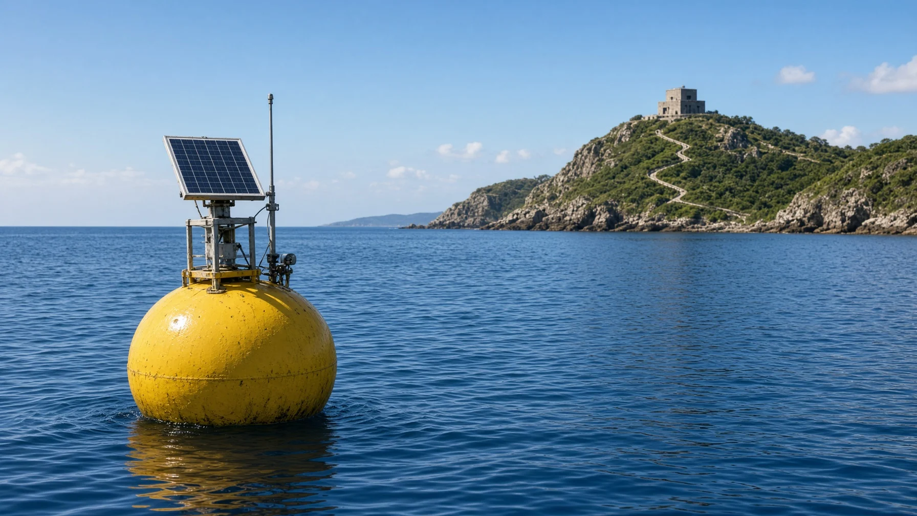 穏やかな海の上に太陽光パネルとアンテナを付けた黄色い海洋観測ブイが浮かび、遠くに海辺の丘へ上っていく避難路と、高台にある頑丈なコンクリートの建物が見える様子