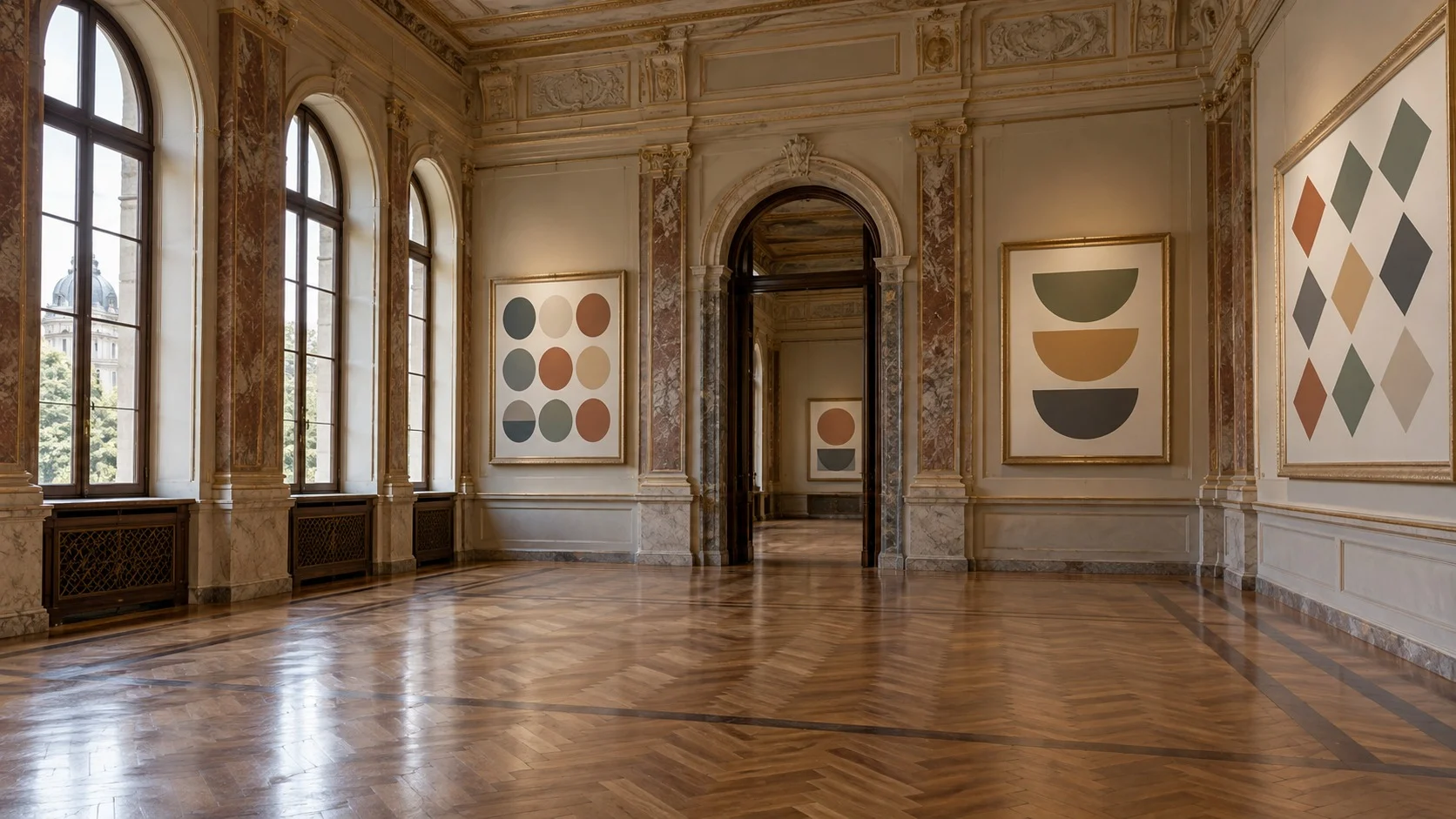 Large exhibition panels lined with rows of simple shapes hanging on the wall of a 1920s Viennese exhibition hall with tall arched windows, with sunlight falling on the wooden floor