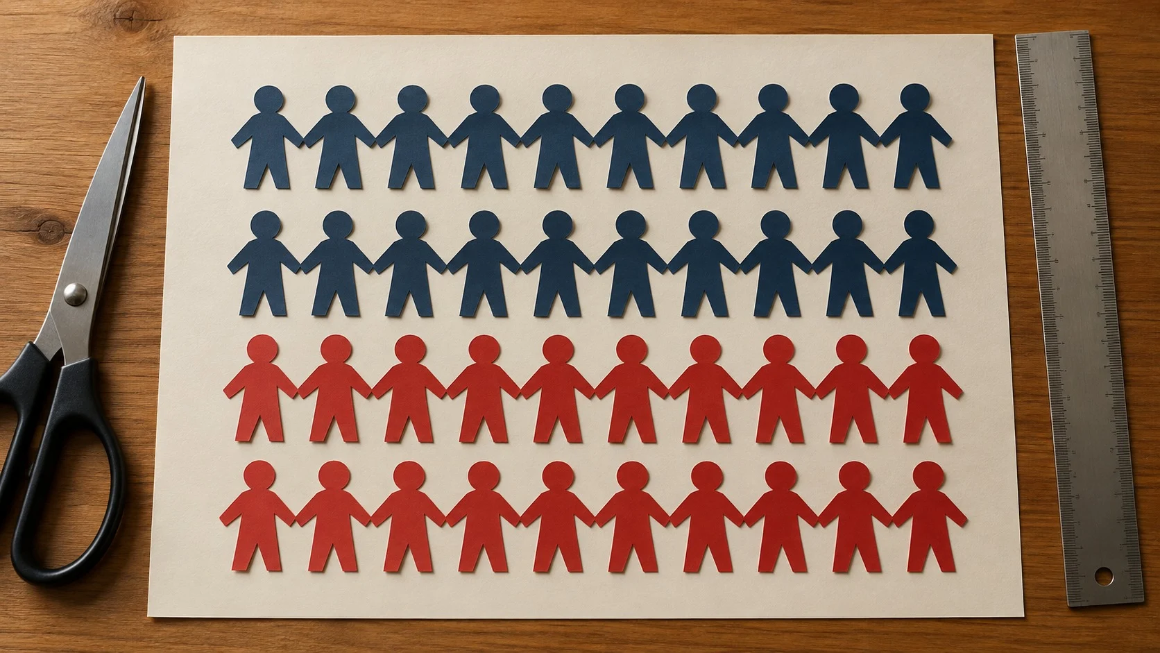 Navy and red human-shaped paper cutouts of exactly the same size lined up neatly in horizontal rows on cream-colored paper on a wooden desk, with scissors and a ruler beside them