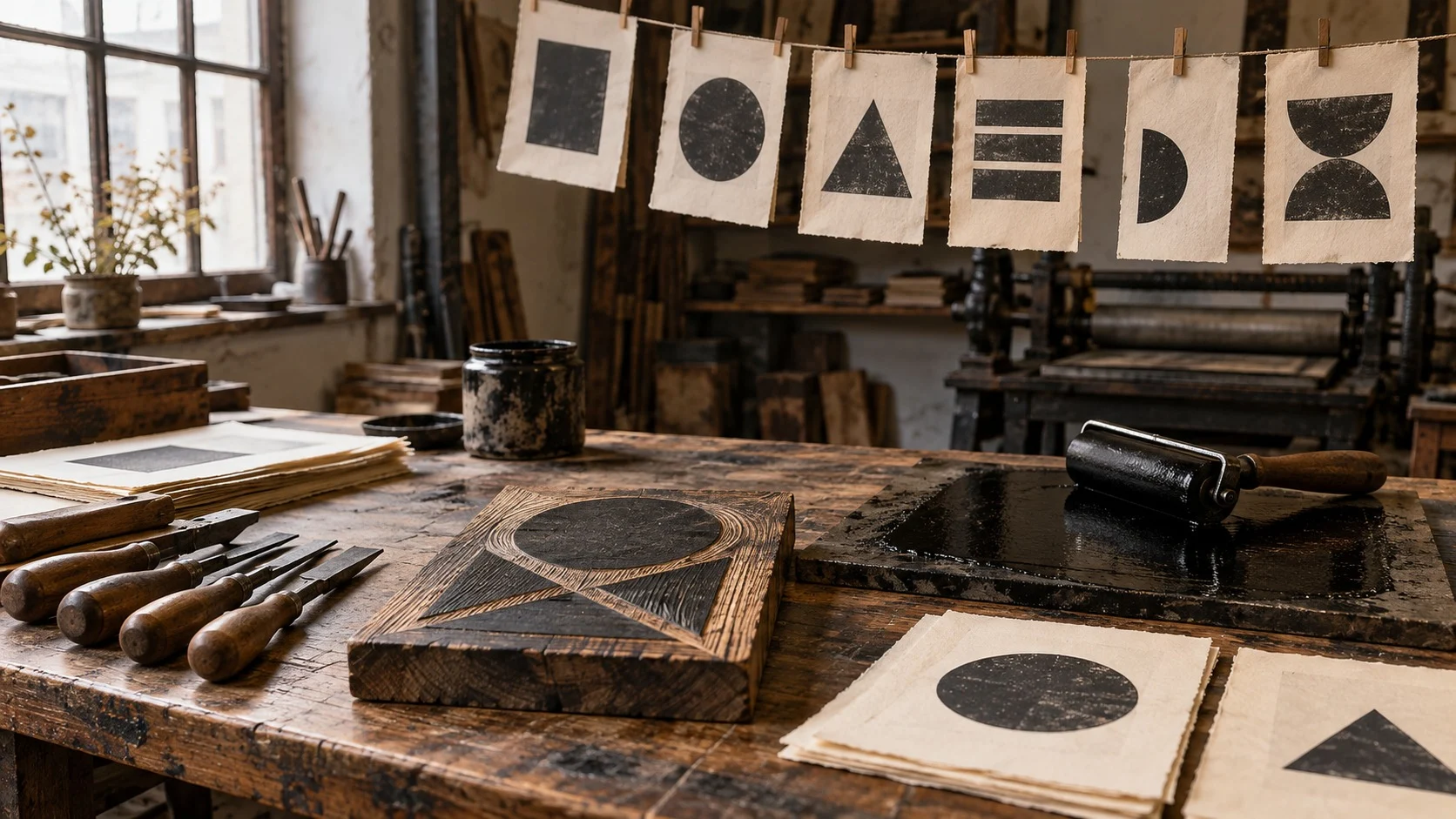 Carved woodblocks, carving knives, and an ink roller on an old printmaking workbench, with small prints of simple shapes hanging on a string to dry in a 1920s workshop