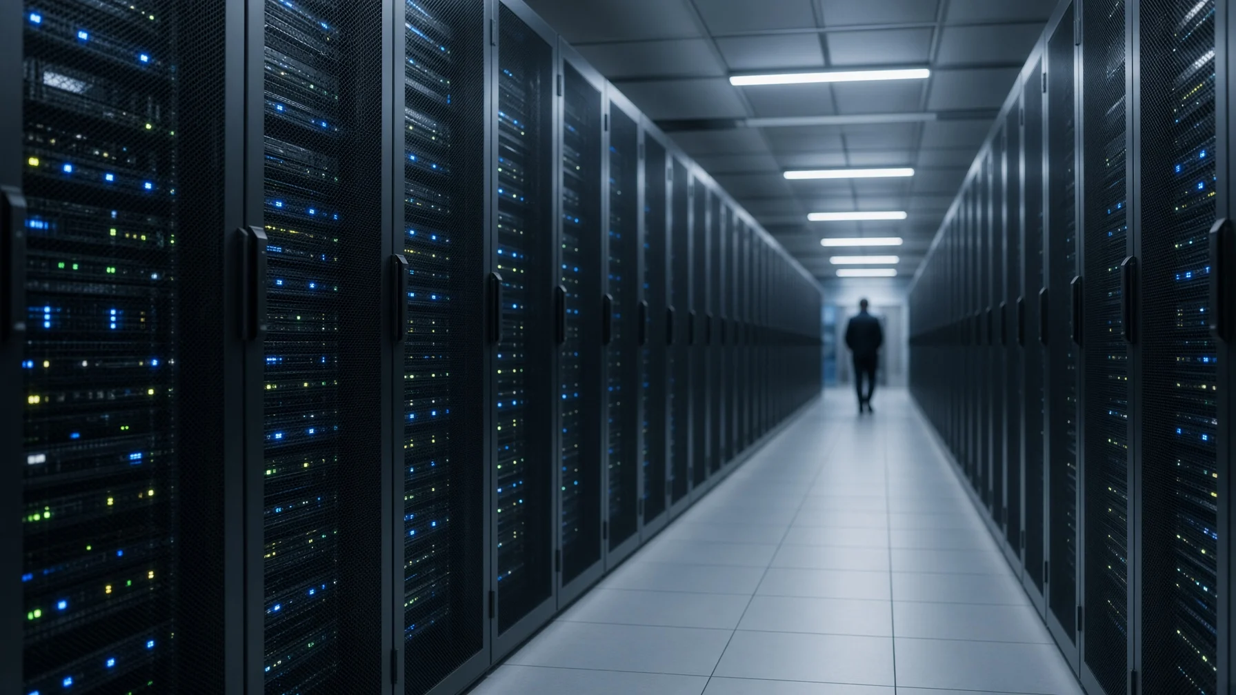 A bright server room aisle lined with softly glowing server racks