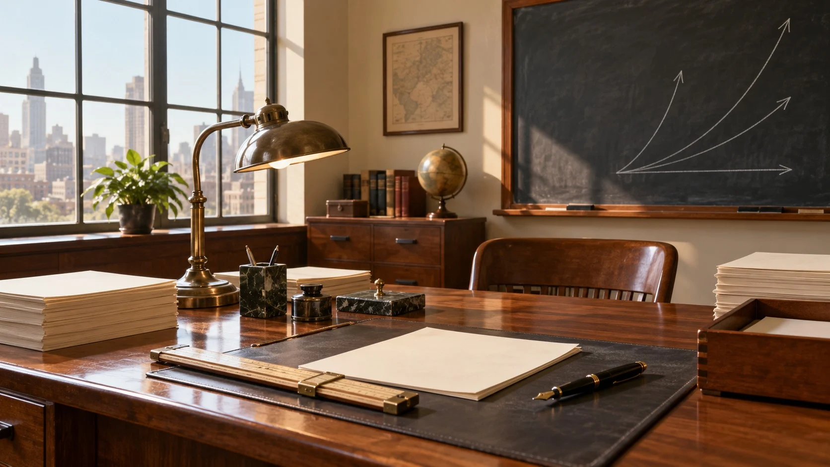 A bright window-side wooden desk in a 1950s corporate planning office, with a stack of blank paper, a slide rule, a fountain pen and an old desk lamp, and an arrow with no writing drawn on the blackboard behind it