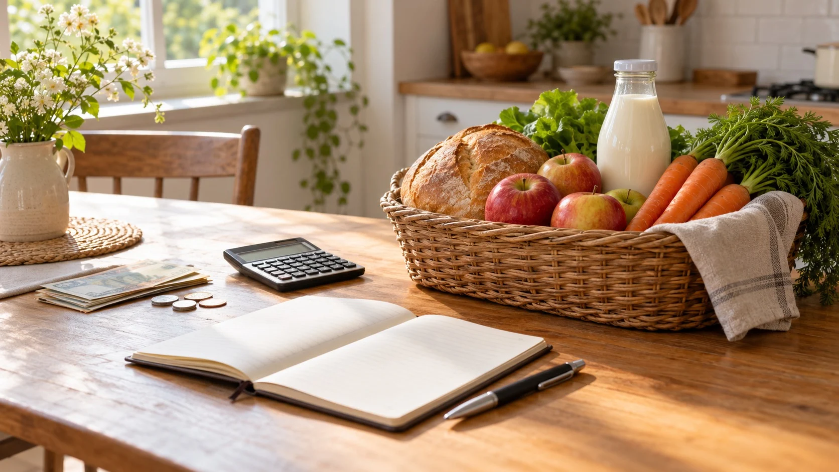 An account book, a pen, a calculator, and coins and bills spread out on a sunlit kitchen table, next to a shopping basket holding bread, apples, carrots, and milk