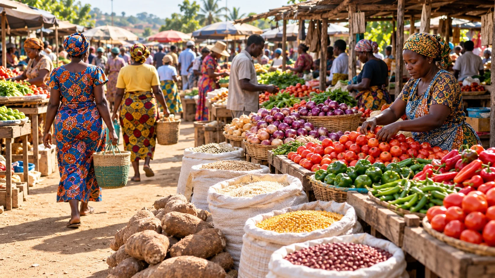 People carrying shopping baskets passing between open-air market stalls piled with tomatoes, onions, chili peppers, yams, and sacks of grain under the morning sun