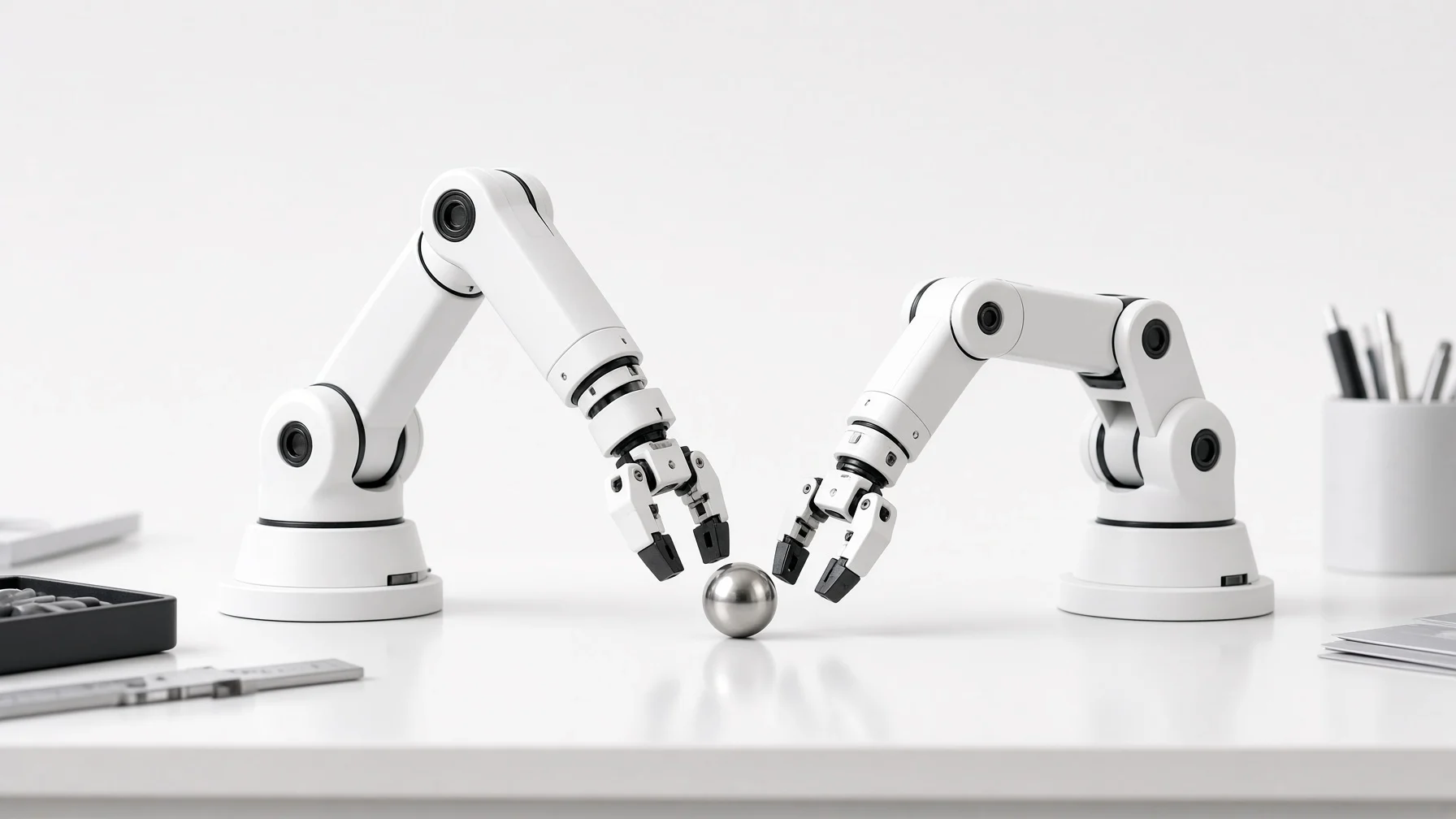 明るい作業台の上で、同じ卓上ロボットアームが並び、同じ金属球にグリッパーを当てているが、片方は肘を高く上げ、もう片方は低く曲げている様子