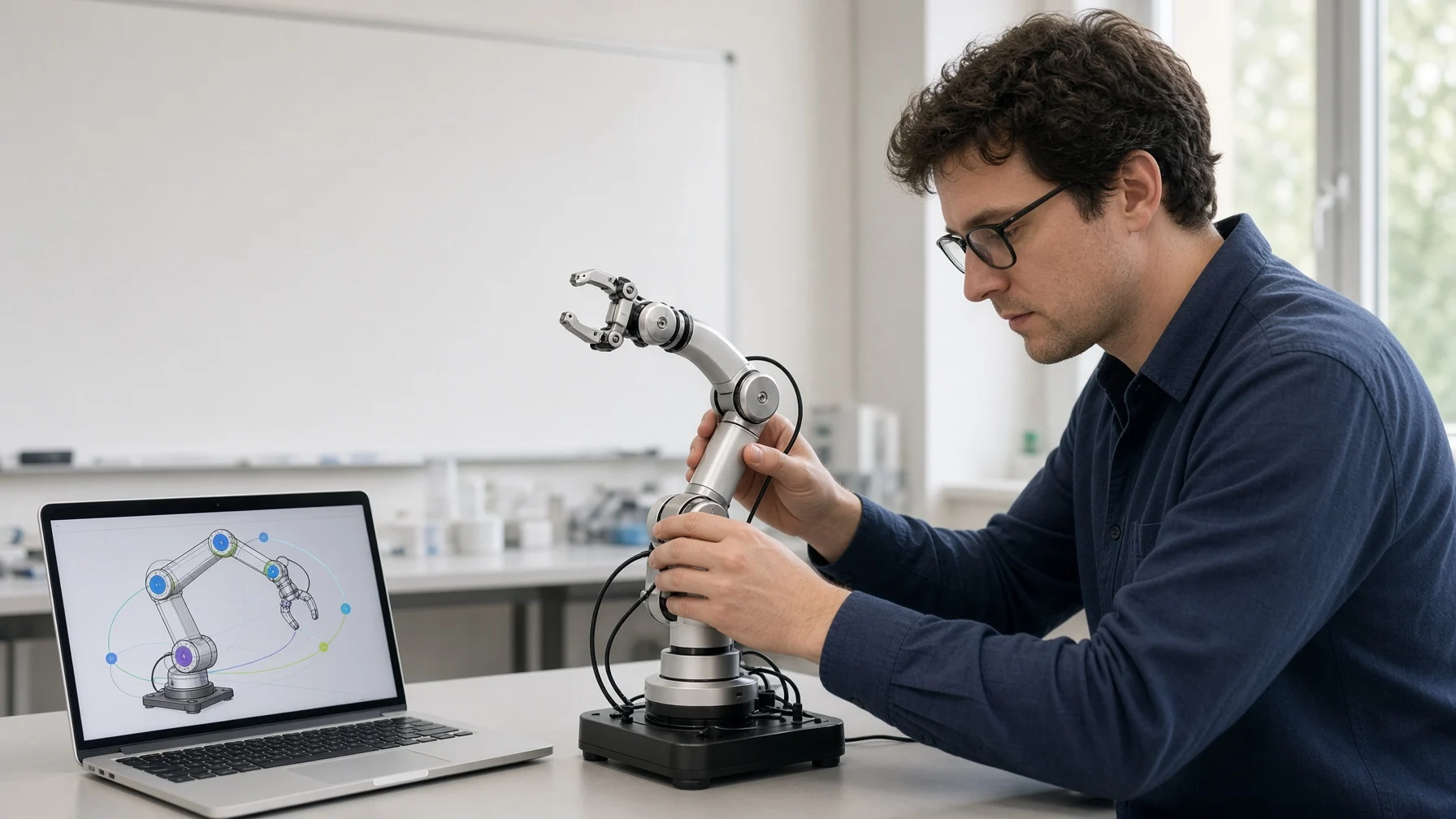 明るい大学の研究室でロボット工学者が小さなロボットアームを調整し、隣のノートパソコンの画面には、関節を色付きの球で示したロボットアームの3次元の線モデルと曲線の経路が表示されている様子