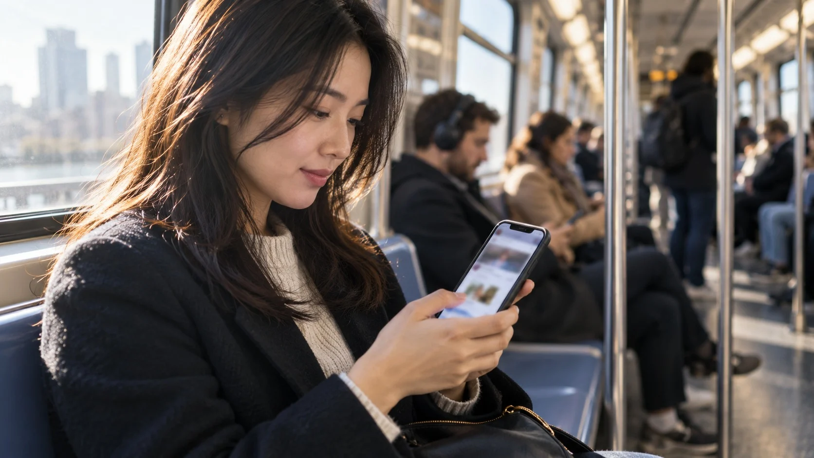 朝の地下鉄の車内で、通勤中の人がスマートフォンを持って親指でニュースの一覧をスクロールし、窓からやわらかな朝の日差しが差し込んでいる様子