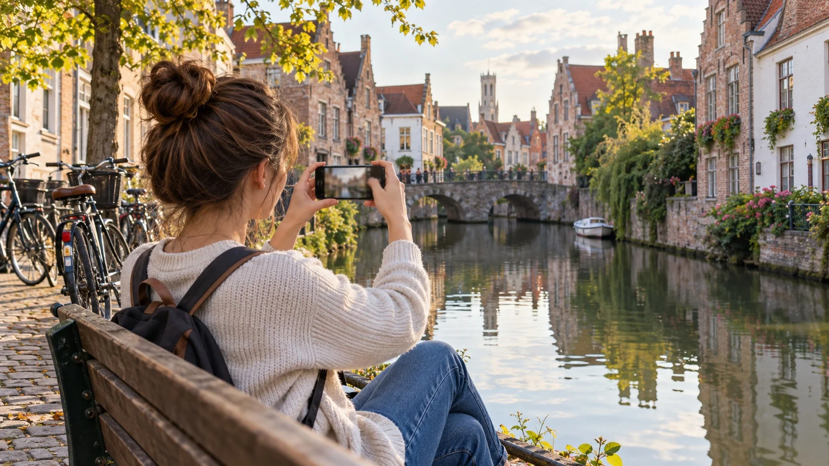 Một du khách trẻ ngồi trên chiếc ghế dài bằng gỗ bên con kênh yên ả ở một thành phố cổ châu Âu, giơ điện thoại thông minh lên chụp phong cảnh, dọc bờ nước là những ngôi nhà gạch cũ và xe đạp xếp hàng