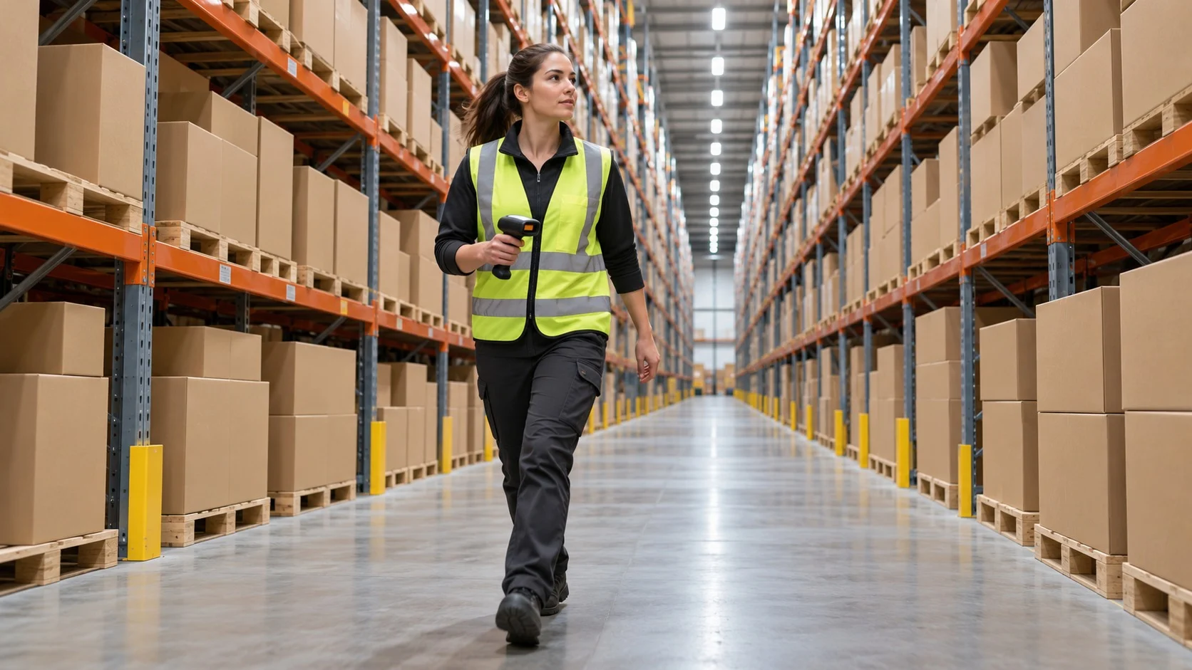 A worker hurries with a handheld scanner down a long warehouse aisle between tall shelves