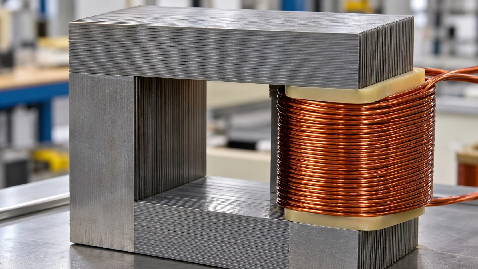 A close-up of the layered cross-section of a transformer core made of many thin gray silicon steel sheets stacked together, with a copper coil wound on one side