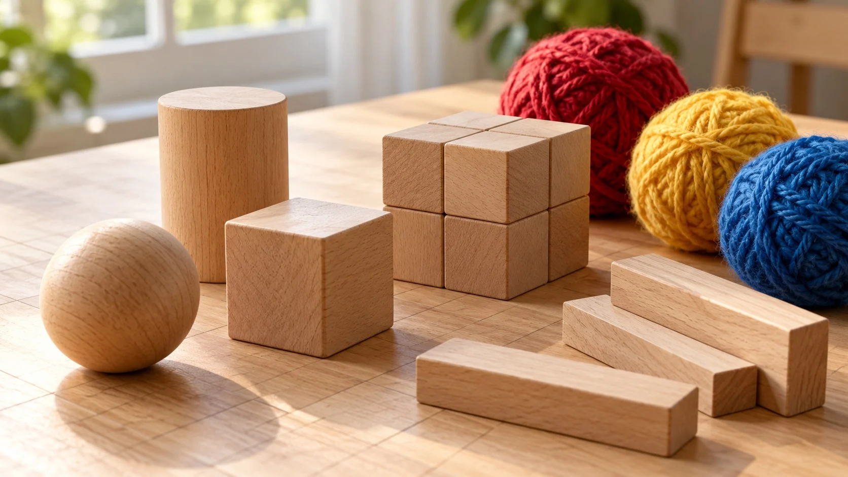 在隐约画着格子的木桌上，摆放着木球、立方体、圆柱体、小立方体积木和板状积木，以及红、黄、蓝三色毛线球