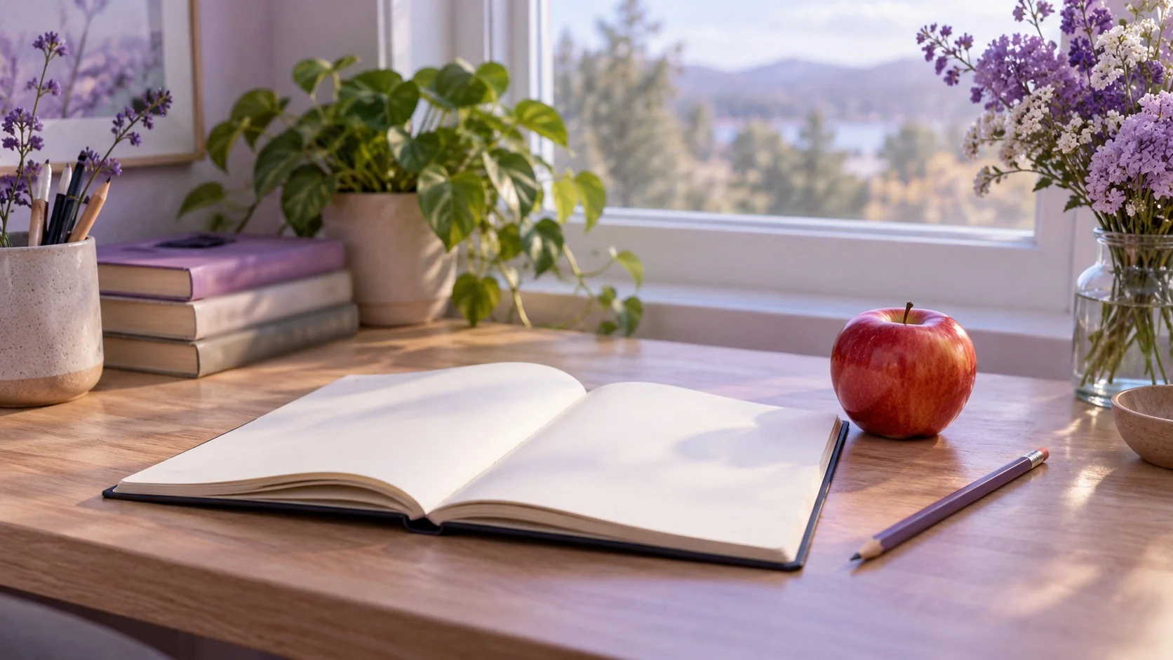 A blank open notebook, a red apple, and a pencil on a desk by a bright window, calling to mind Dual Coding Theory, in which words and pictures come to mind together