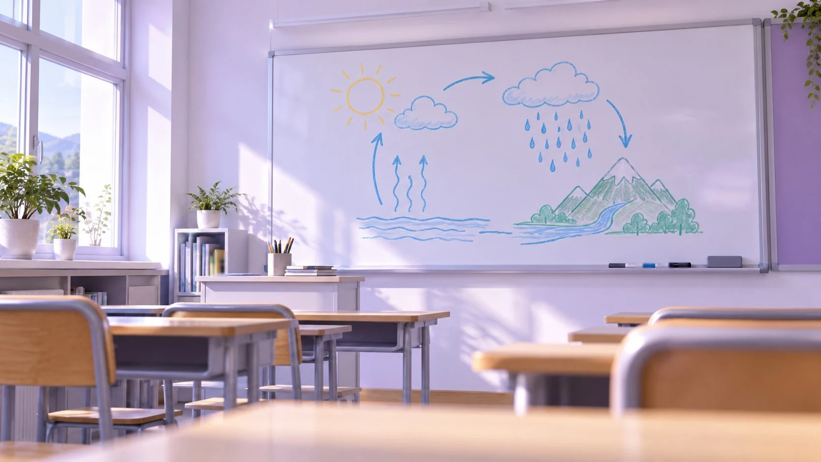A water-cycle diagram drawn with arrows, clouds, raindrops, and mountains on a whiteboard in a bright classroom, calling to mind a lesson that uses pictures and explanations together