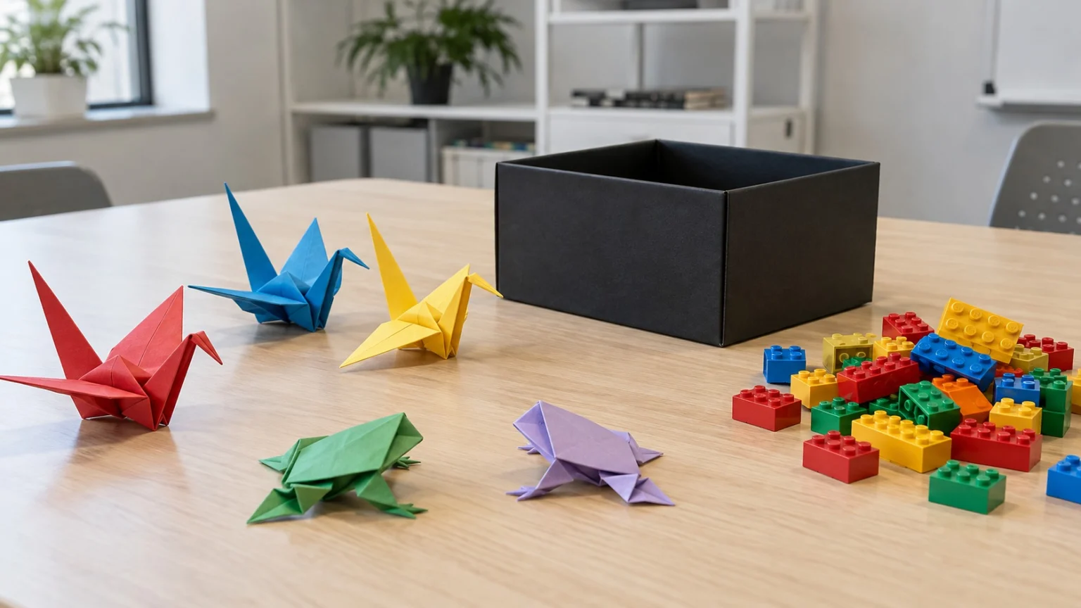 An assembled black paper storage box, a few paper cranes and paper frogs, and a pile of colorful plastic blocks on a bright laboratory table