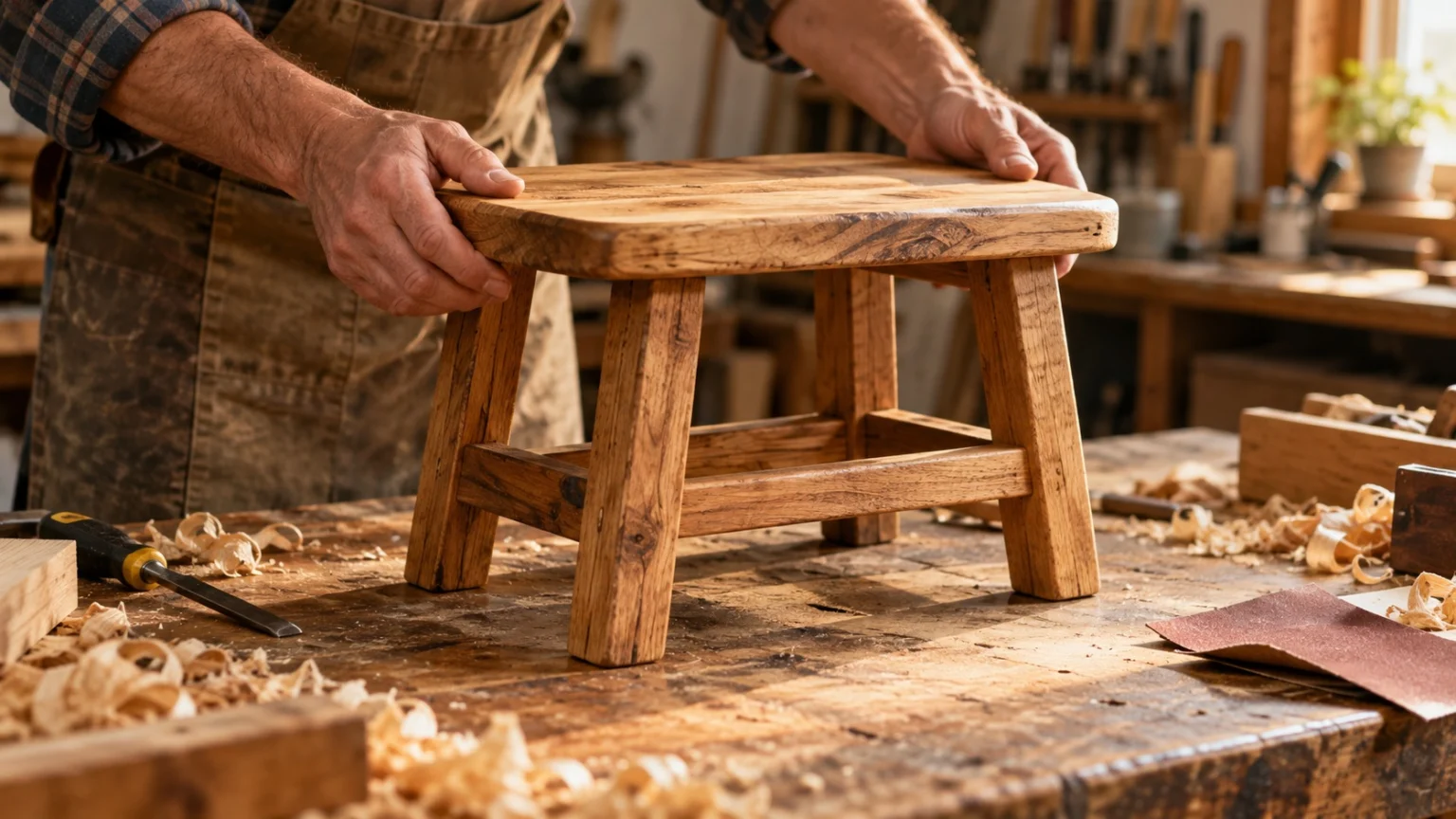 An adult’s two hands setting down a small, slightly uneven handmade wooden chair on a workbench in a home workshop, with wood shavings, a screwdriver, and sandpaper scattered around