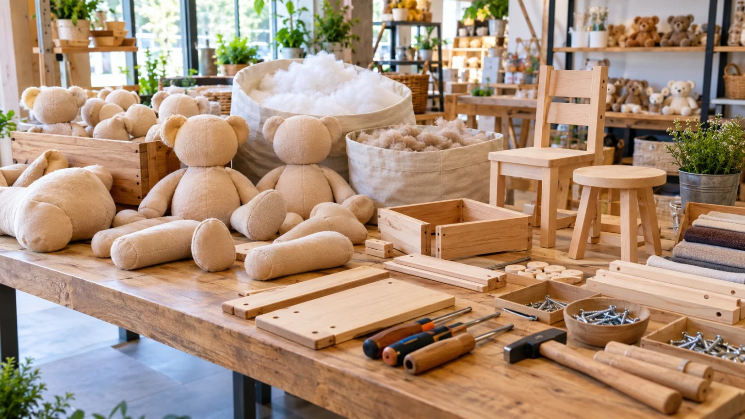 A teddy bear body not yet stuffed, a bin of stuffing, assembly tools, and wooden furniture parts laid out on a table in a make-it-yourself workshop store