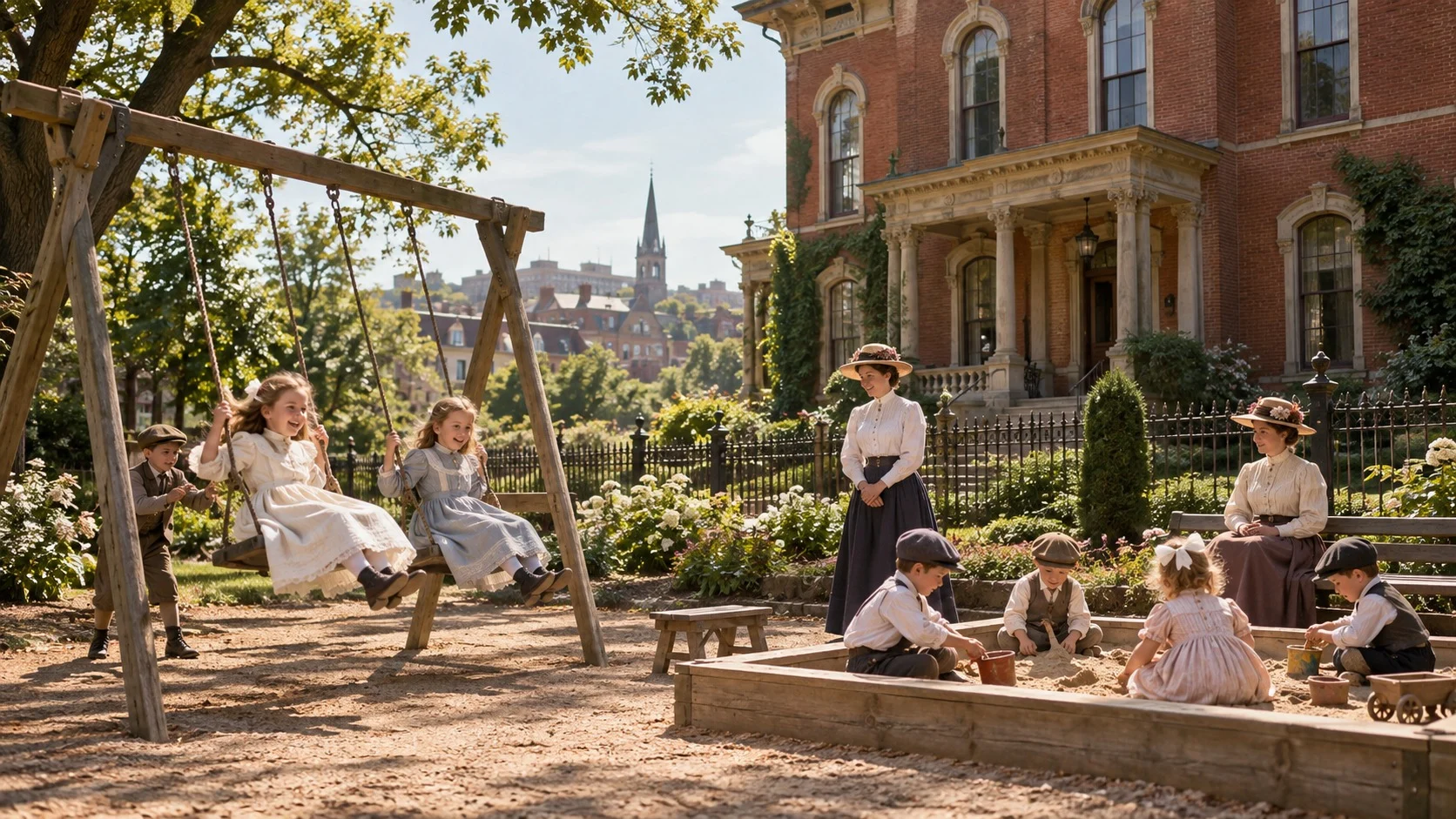 1900年代初めの赤レンガの邸宅の横にある小さな遊び場で、昔の服装の子どもたちがブランコや砂場で遊び、長いスカートの女性たちが見守っている様子