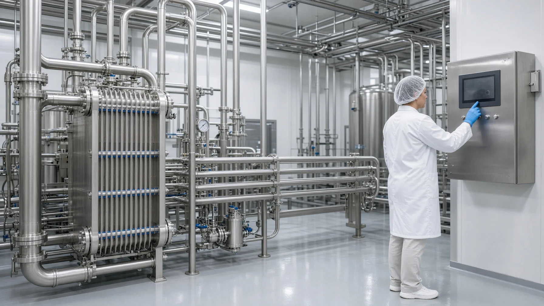 Inside a clean modern milk processing plant, gleaming stainless-steel pipes and plate heat exchangers stand in rows, while a worker in a white coat and hairnet checks a control panel