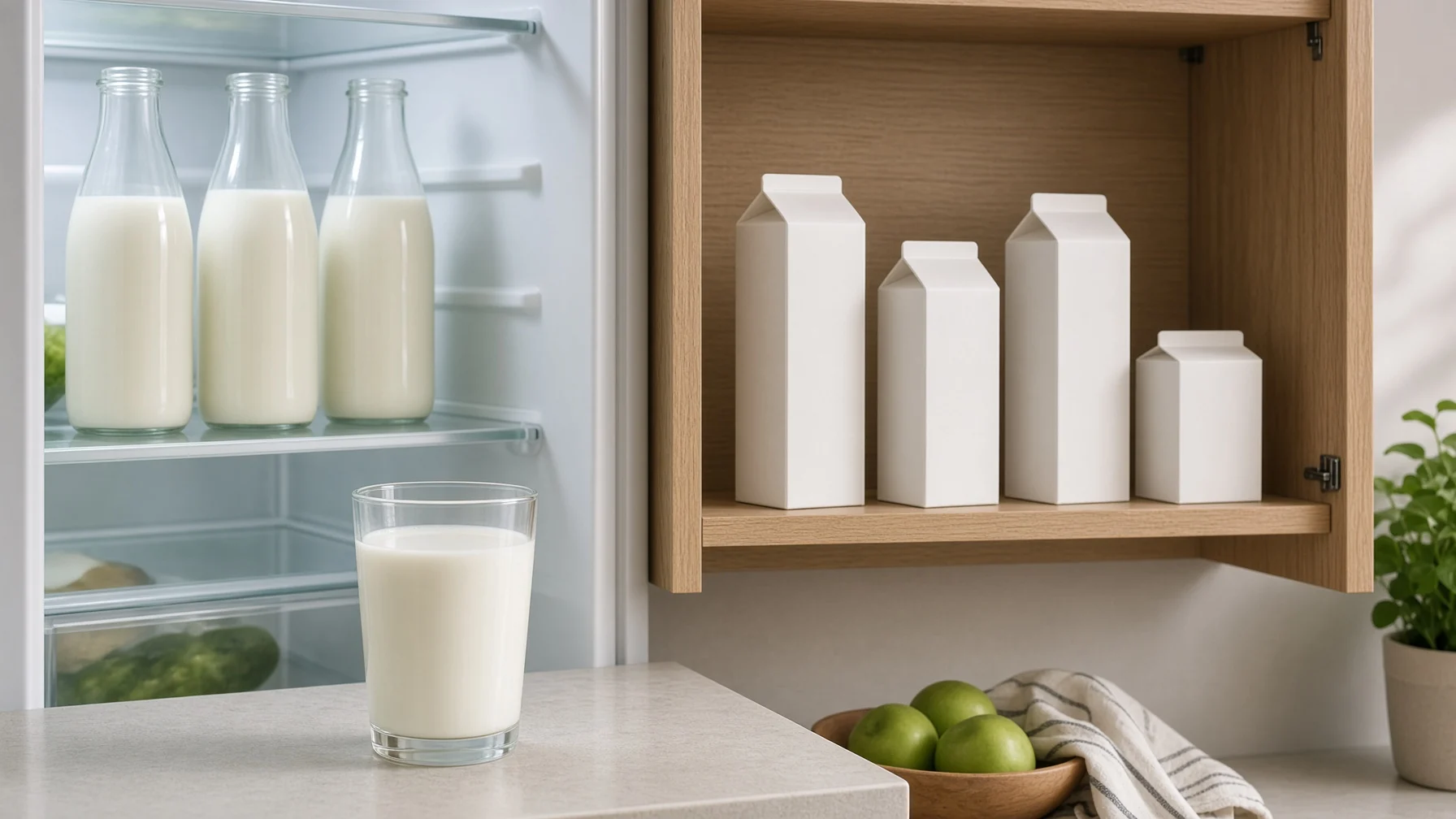 In an open refrigerator compartment in a kitchen sit unlabeled glass milk bottles, while white room-temperature milk cartons sit on a cupboard shelf beside them, and a glass of milk stands on the counter
