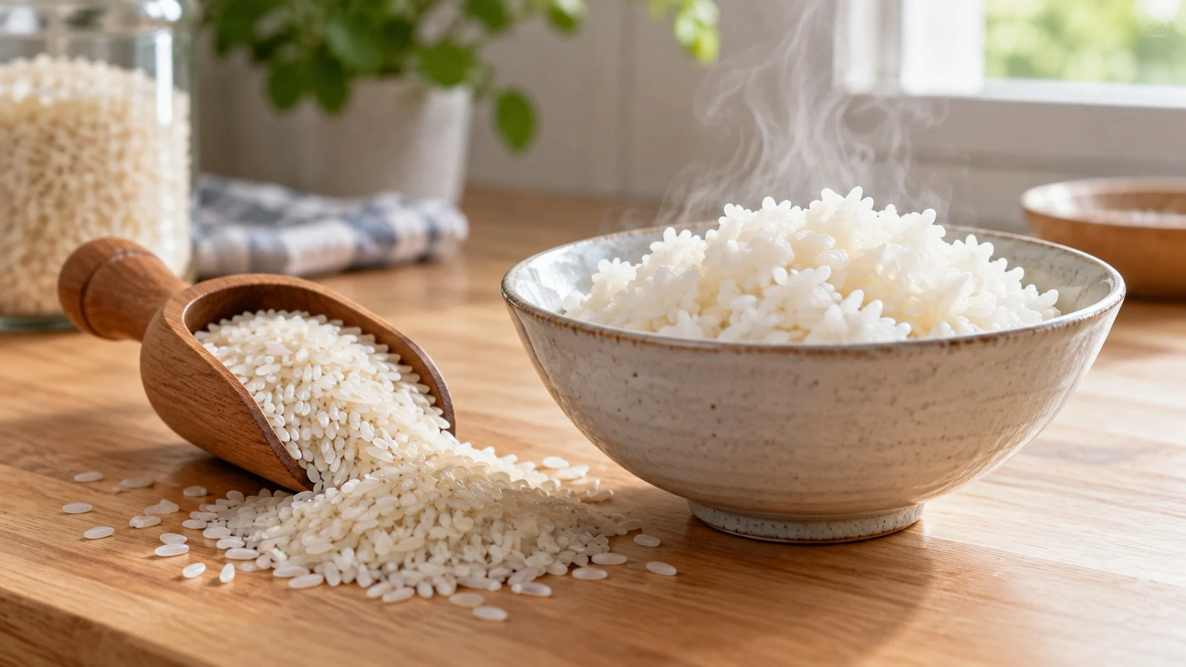 A bowl of steaming, glossy freshly cooked rice beside raw rice pouring from a wooden measuring scoop
