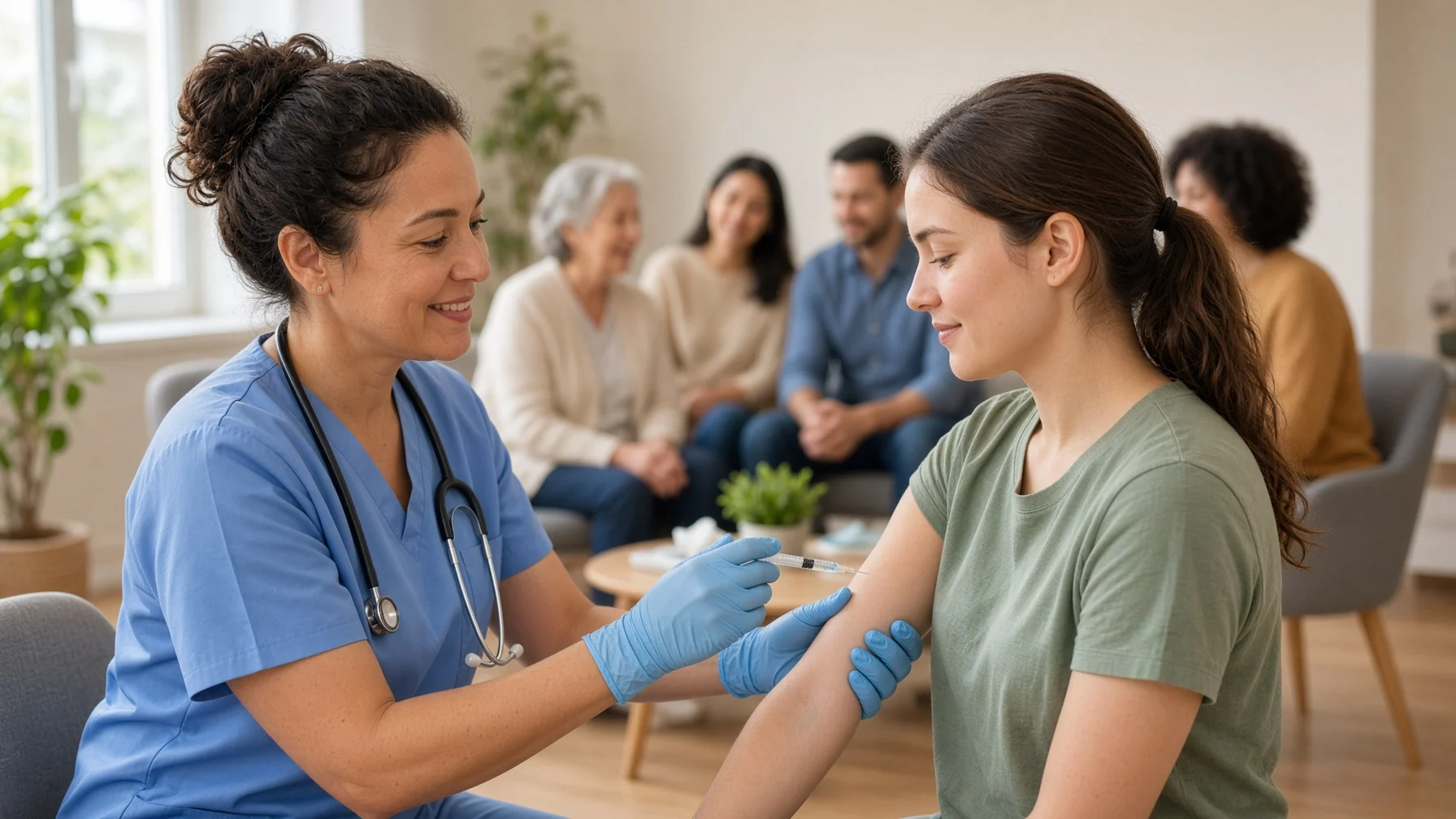 In a bright modern clinic, a nurse gives a vaccination in the arm of a calm young adult, while in the background several people sit in a circle having a serious conversation