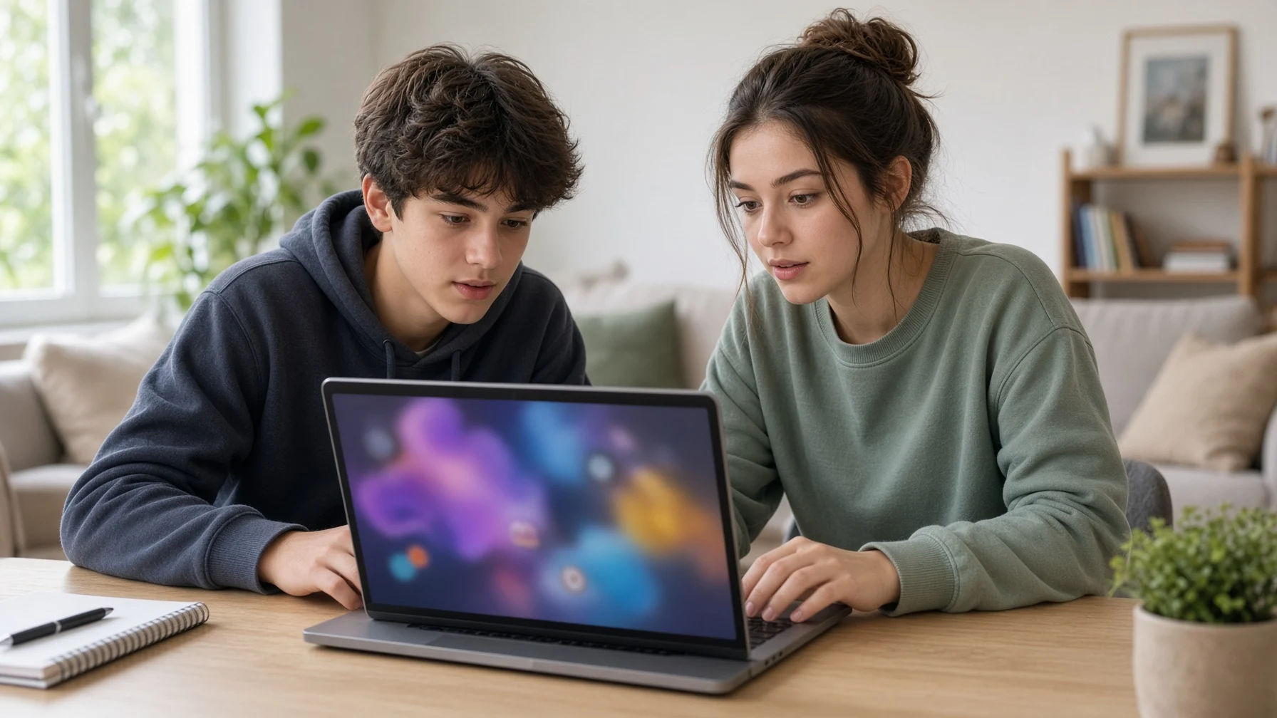 At a desk in a bright living room, a teenager and a young adult sit side by side playing a game on a laptop, curiously examining blurred posts on the screen